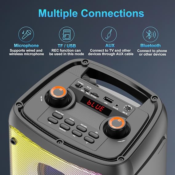 Bluetooth Speaker Wireless, 80W Peak Wireless TWS Portable Outdoor Party Speakers with Subwoofer, Deep Bass, 6 LED Colorful Lights, Loud Stereo Sound Boombox for Party, Home, Camping, Travel (Black)