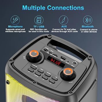 Bluetooth Speaker Wireless, 80W Peak Wireless TWS Portable Outdoor Party Speakers with Subwoofer, Deep Bass, 6 LED Colorful Lights, Loud Stereo Sound Boombox for Party, Home, Camping, Travel (Black)
