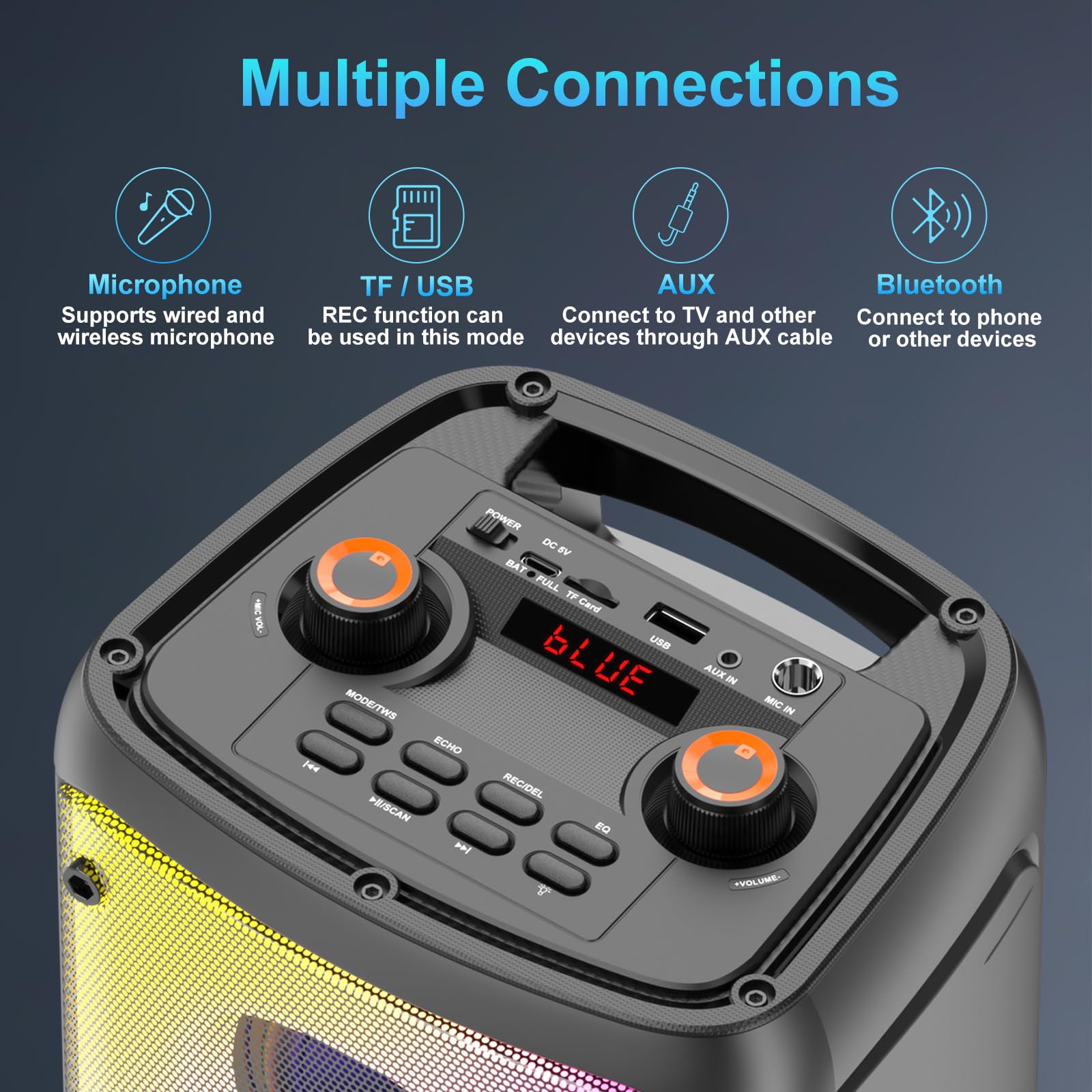 Altoparlante Bluetooth, 80 W, wireless, TWS, portatile, per feste all'aperto, con subwoofer, bassi profondi, luci colorate a LED, suono stereo forte per casa, campeggio
