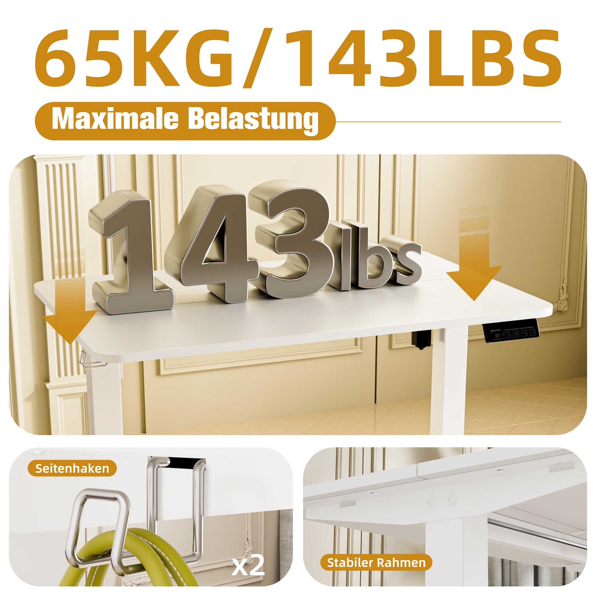 ERGOMAKER Höhenverstellbarer Schreibtisch Elektrisch für Homeoffice,90x60cm | Ergonomischer Schreibtisch, Memory-Funktion. Für Homeoffice, Lernen & Gaming. 2-teilige Platte, höhenverstellbar.
