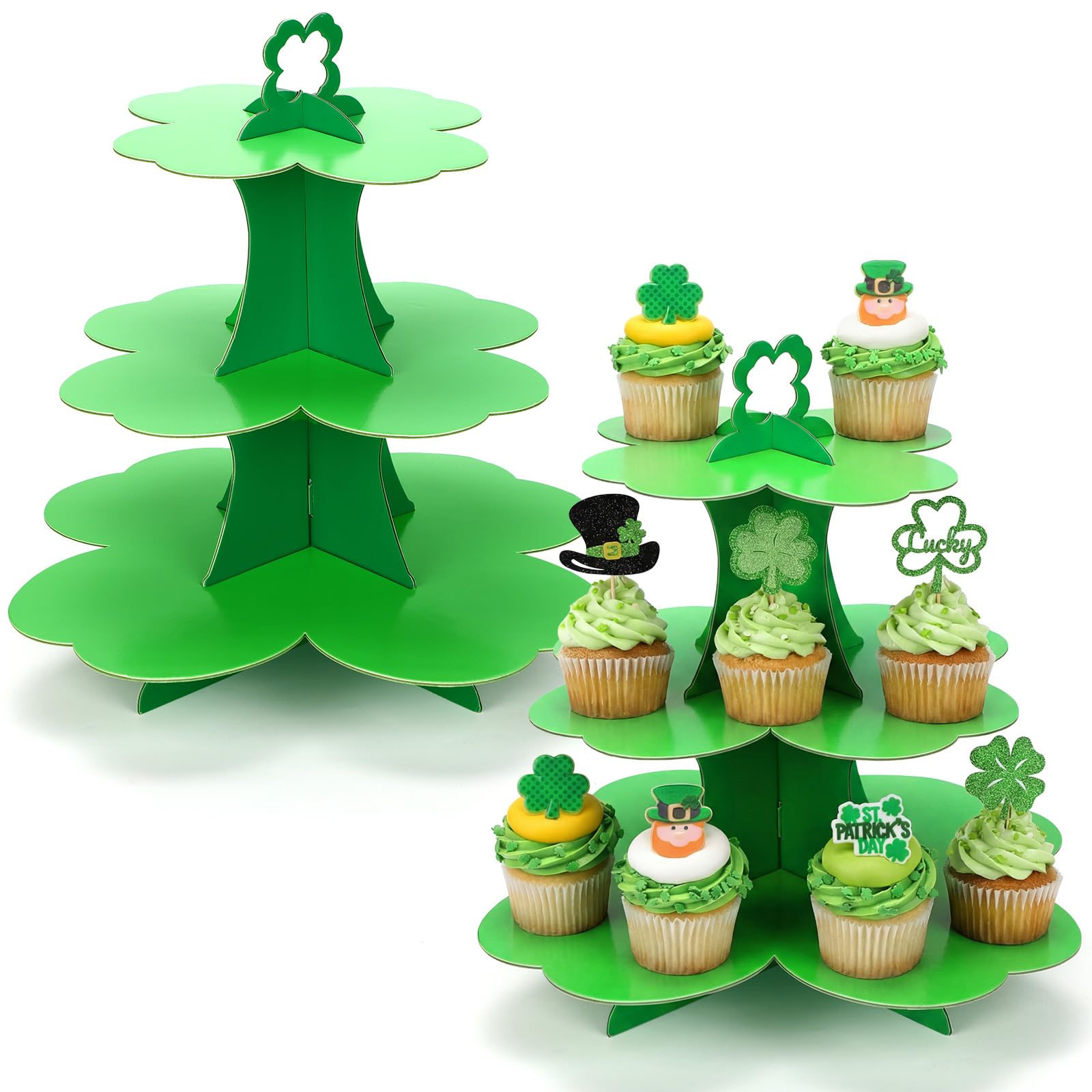 Willinglong 2 Pcs St Patrick's Day Cupcake Stand 3 Tier Green 4 Leaf Clover Cupcake Holder Lucky Shamrock Cardboard Irish Clover Dessert Tower Display Tray for Birthday Irish Party Decor Supplies