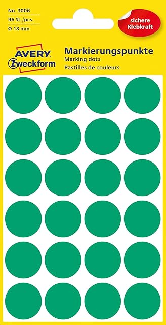 AVERY Zweckform 3006 samoprzylepne punkty oznaczające (Ø 18 mm, 96 punktów samoprzylepnych na 4 arkuszach, okrągłe naklejki do kalendarza, planera i do majsterkowania, papieru, matowego), zielone