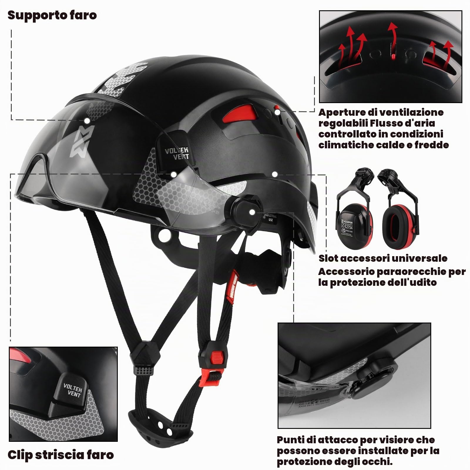 HEARMOR Casco protettivo 3 in 1 con protezione dell'udito e visiera, casco da lavoro certificato EN 397 per lavori di foresta, costruzione e arrampicata, con tasca portatile e inserto rinfrescante per