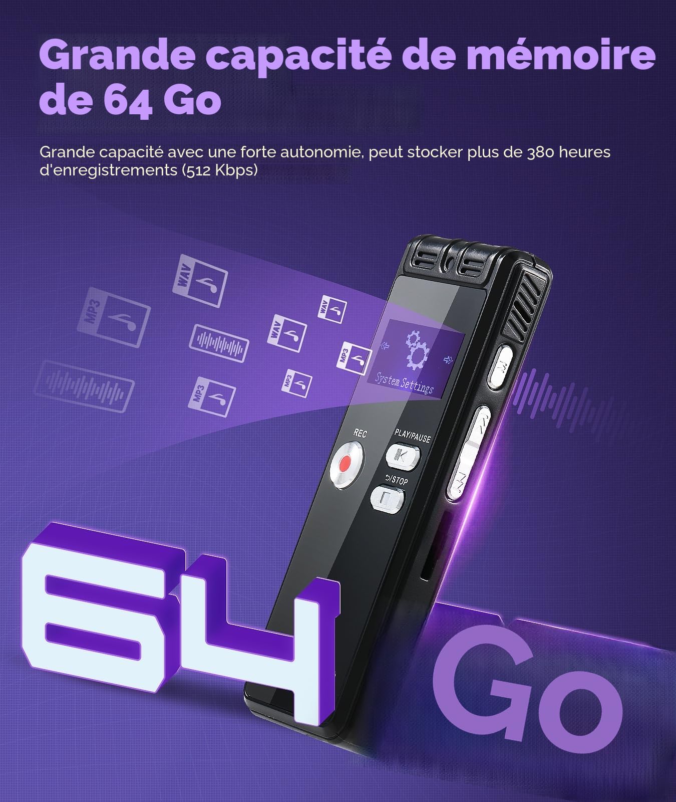 Enregistreur Vocal 64 Go 1536 Kbps avec Réduction du Bruit pour Interviews Classes Réunions