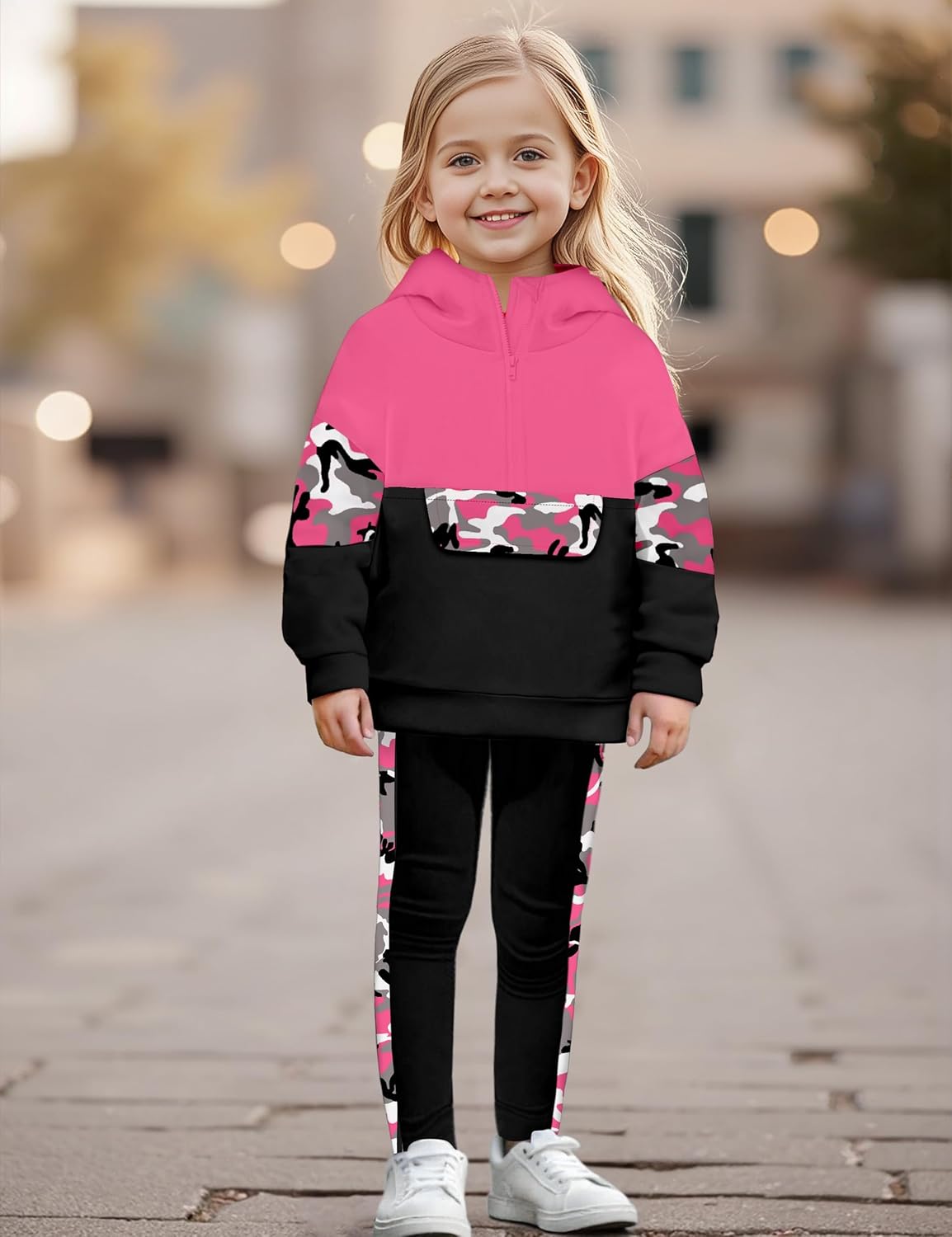 Toddler Girl Clothes Camo 2 Piece Little Girls Clothes Half Zip Up Hoodies Color Block Outfits Sweatshirt Pant Sets - Image 2