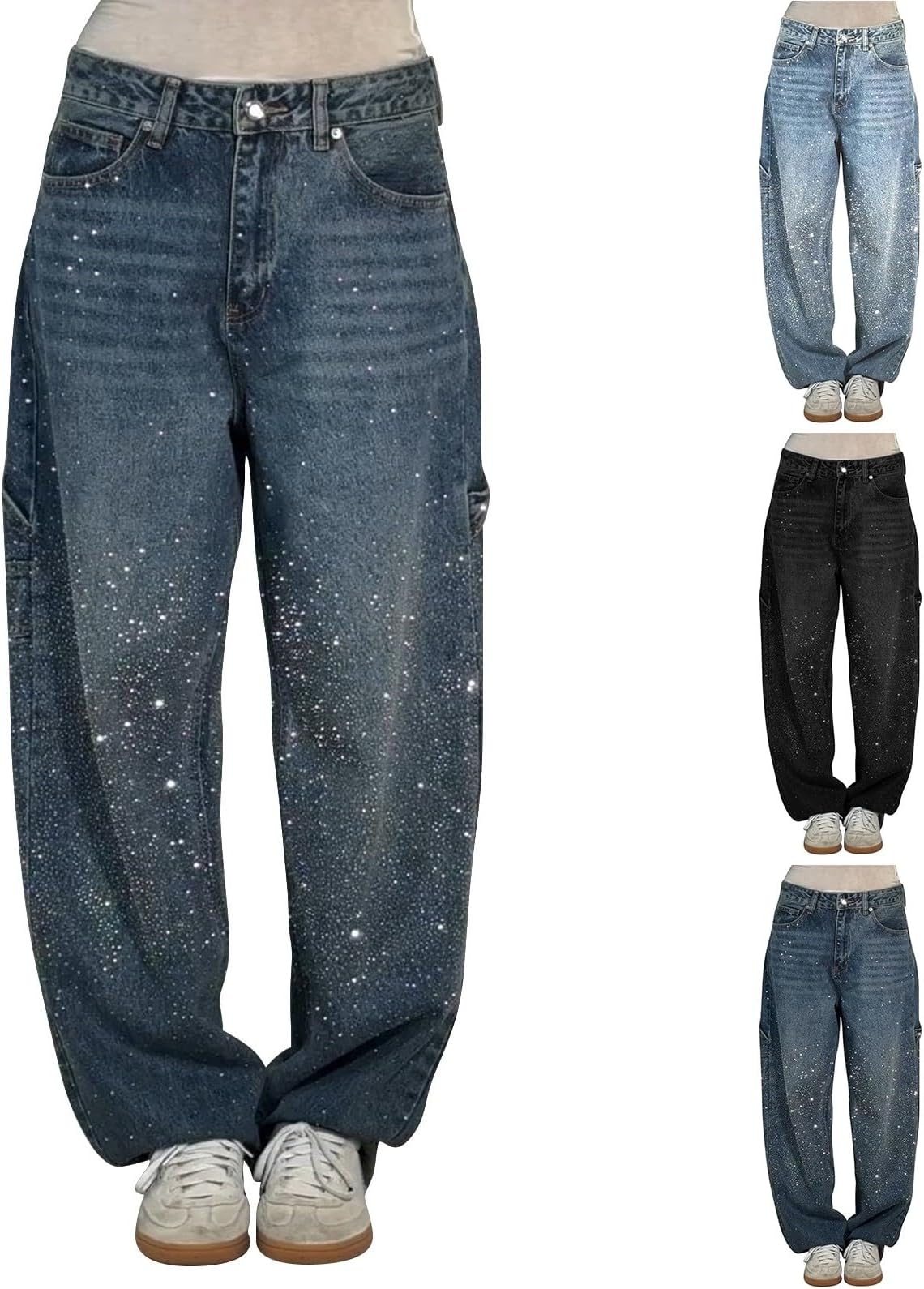 Womens Baggy Jeans Y2K, Women's Casual Rhinestone Jeans - Fashion Sparkly Jean Pants with Pockets Shiny Diamond Jean Trousers Baggy Straight Trouser Loose Denim Pants Plus Size