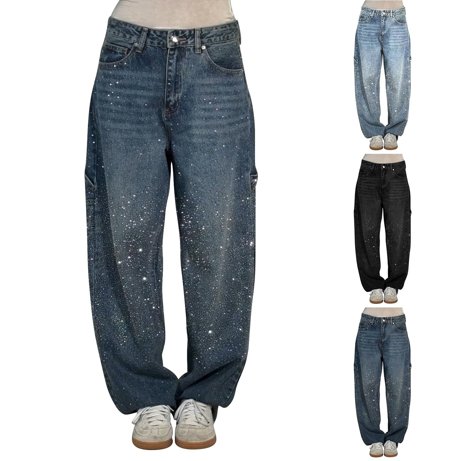 Jeans da donna, taglie grandi, jeans baggy, pantaloni in denim a vita alta, Y2K, elasticizzati, per il tempo libero, gamba dritta, pantaloni hiphop streetwear con tasche