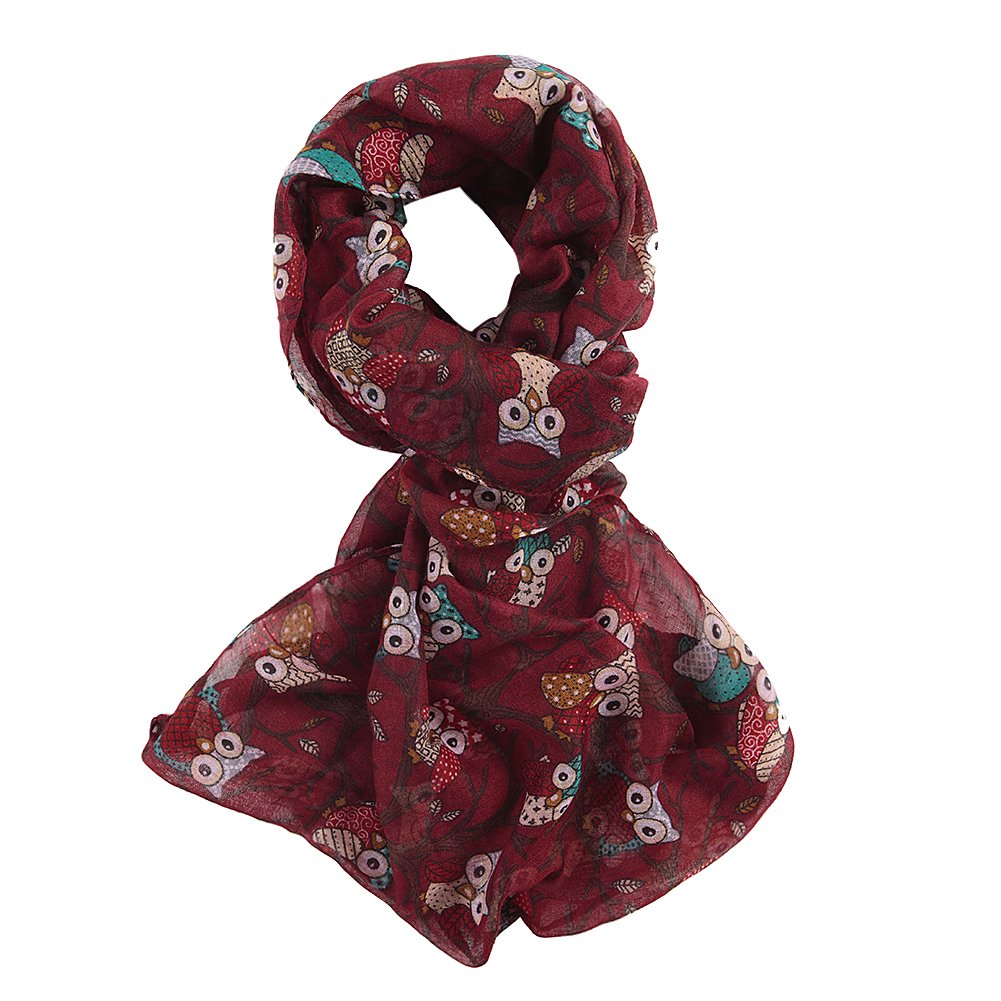 LAEMILIA Women Lady Chiffon Spring Winter Soft Light Weight Cartoon Owl Sheer Scarf Shawl Wrap (Red)