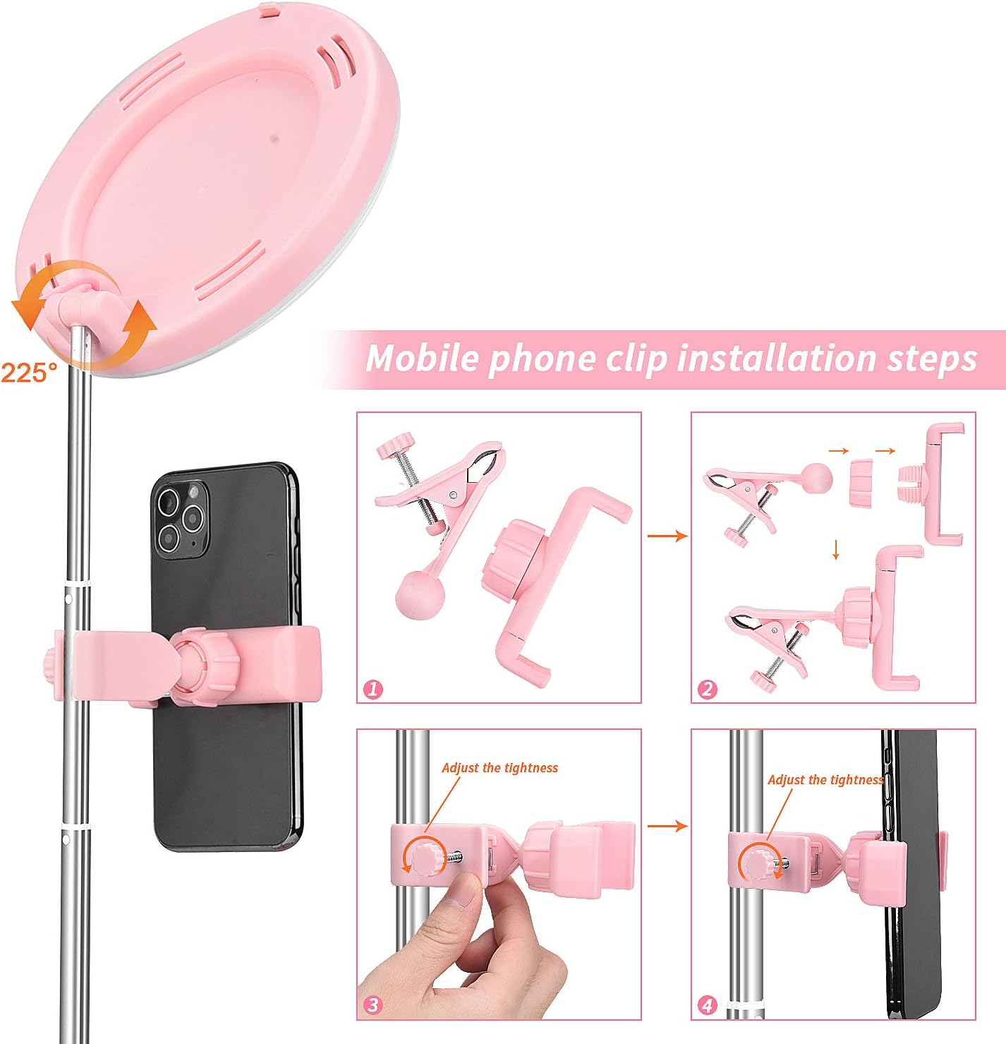 6.3'' Portable Ring Light with Stand and Phone Holder,3 Color Modes and 10 Brightness,2020 Upgraded Foldable Makeup Light with Mirror,USB Powered,for Live Streaming, YouTube (Pink)