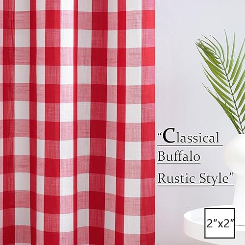 Vista 6 de Jubilantex Paneles de cortina semitransparentes a cuadros rojos y blancos, cortinas texturizadas a cuadros, cortinas de ventana de granja con ojales