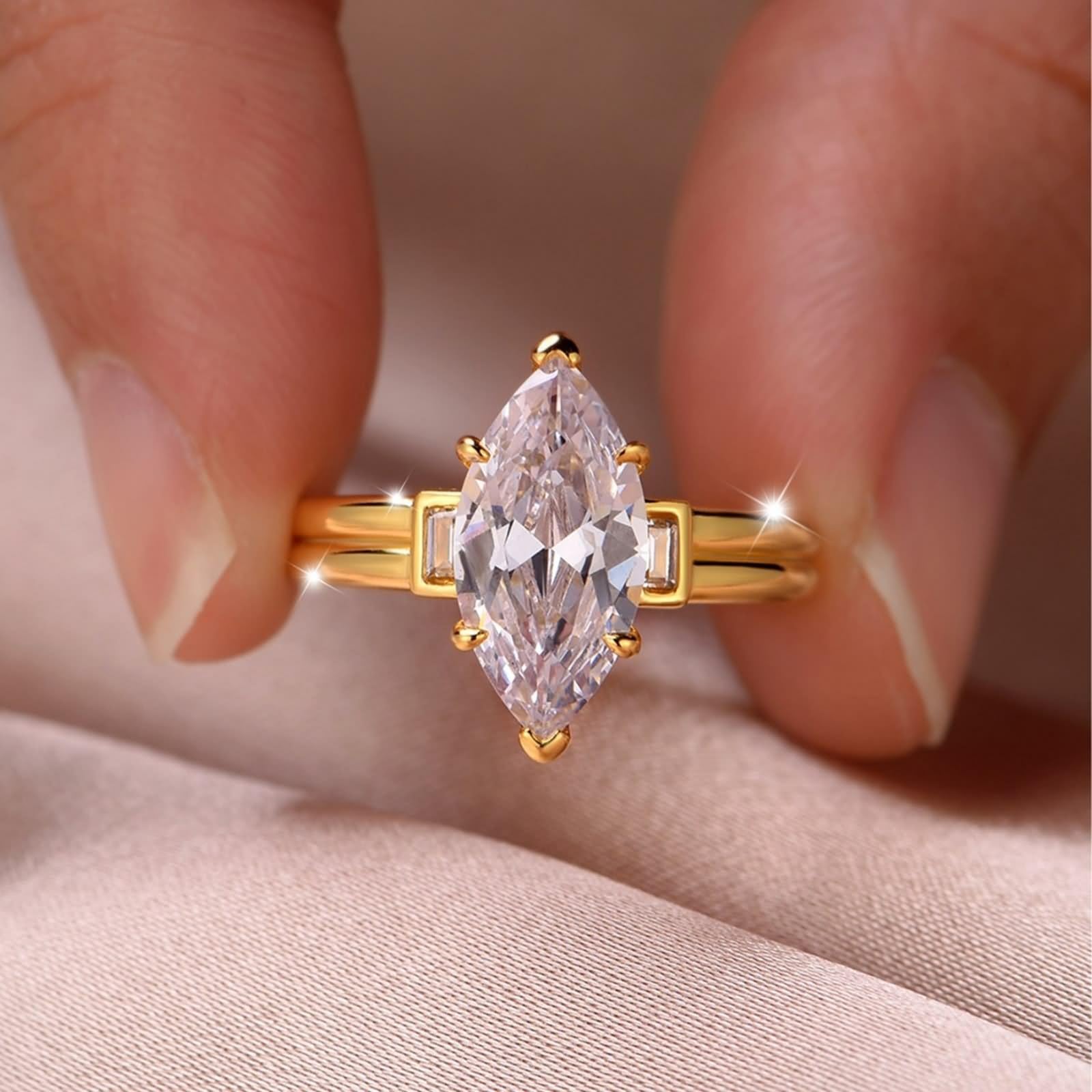 Anillos de compromiso, anillos de amistad, marquesa con moissanite de 3 quilates, oro amarillo de 14 quilates, talla 65 (20,7)