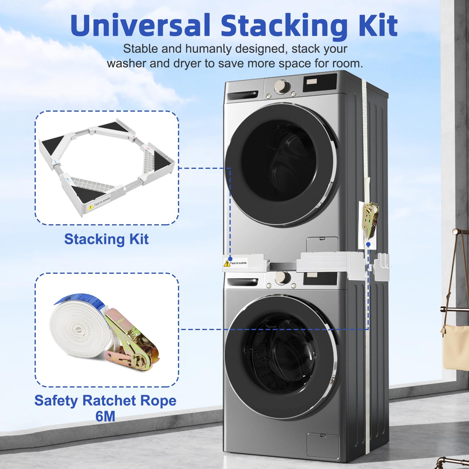 Zwischenbaurahmen Trockner Waschmaschine, Verbindungsrahmen Waschmaschine Trockner Universal mit 8 EVA Antirutsch Pads und Ratschenseilen, Verstellbares Stapelset für 44.5–70 cm, 4 Haken, Weiß