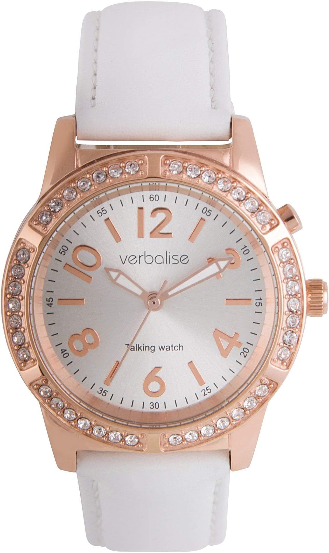 Verbalise Ladies Rose Gold Talking Watch with Swarovski Crystals and Leather Strap, White