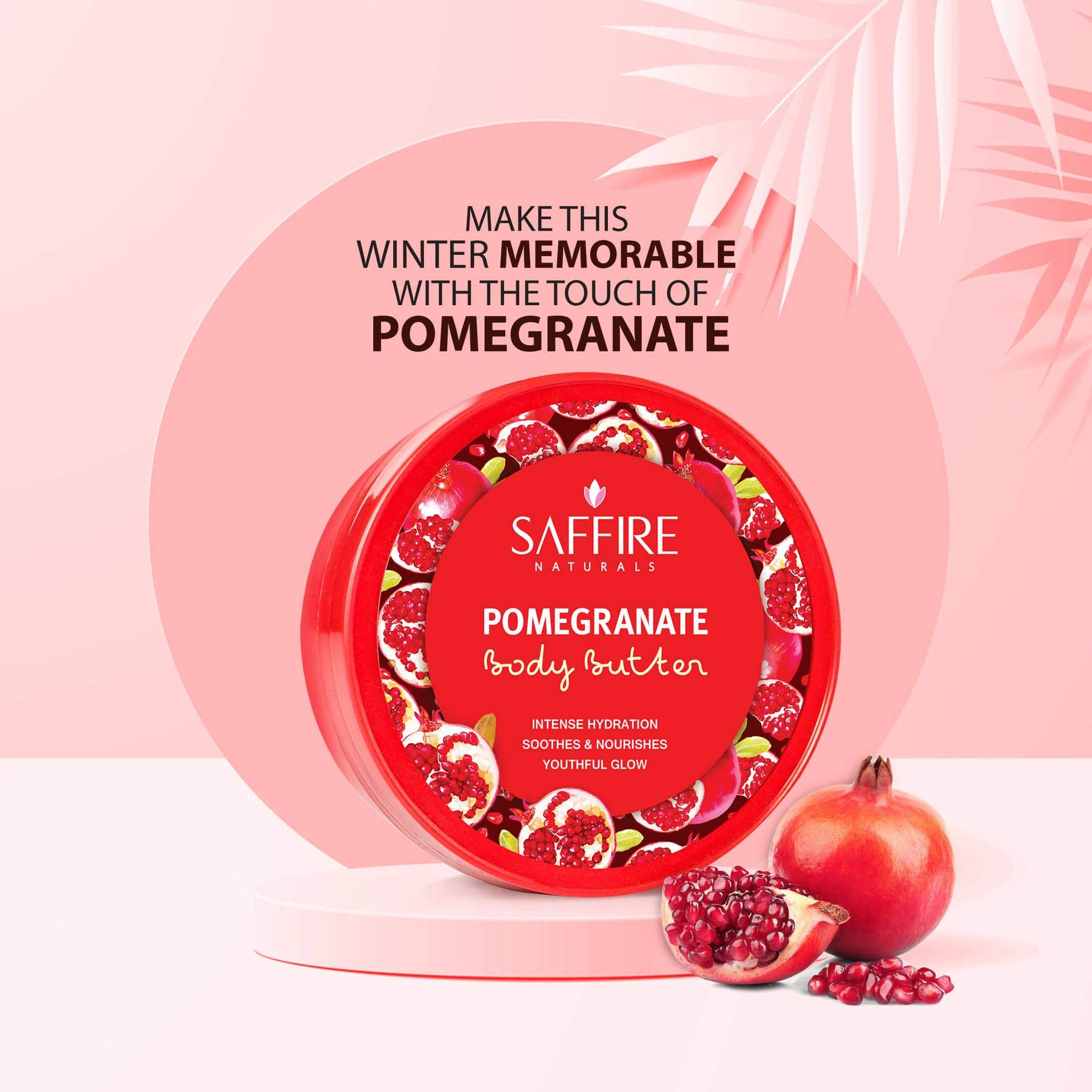 Saffire Naturals Pomegranate Body Butter | Intense Hydration | Soothes & Nourishes Youthful Glow | With Provitamin B5 | 200g