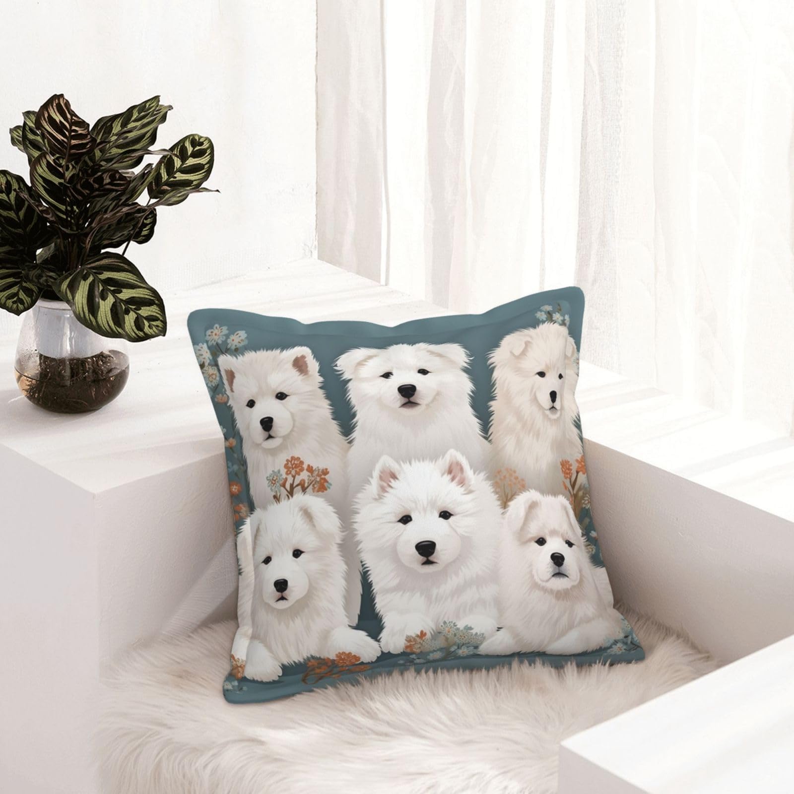 Housse de coussin en similicuir anti-tache motif chiens blancs pour foyer avec animaux
