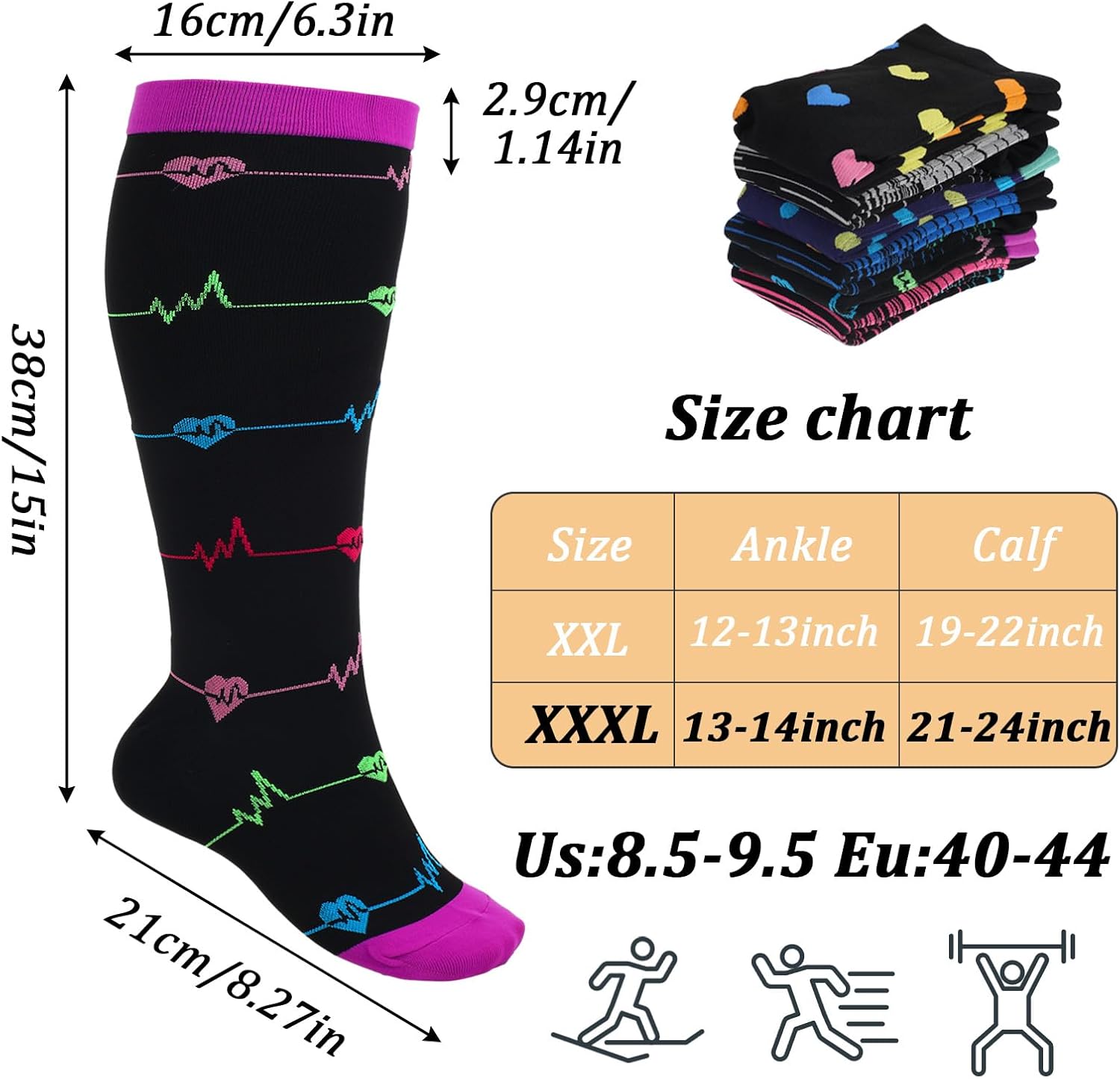Prasacco 6 Pairs Plus Size Compression Socks for Women Wide Calf Knee High Compression Stockings for Circulation Travel Yoga Running, XXX-Large - Image 2