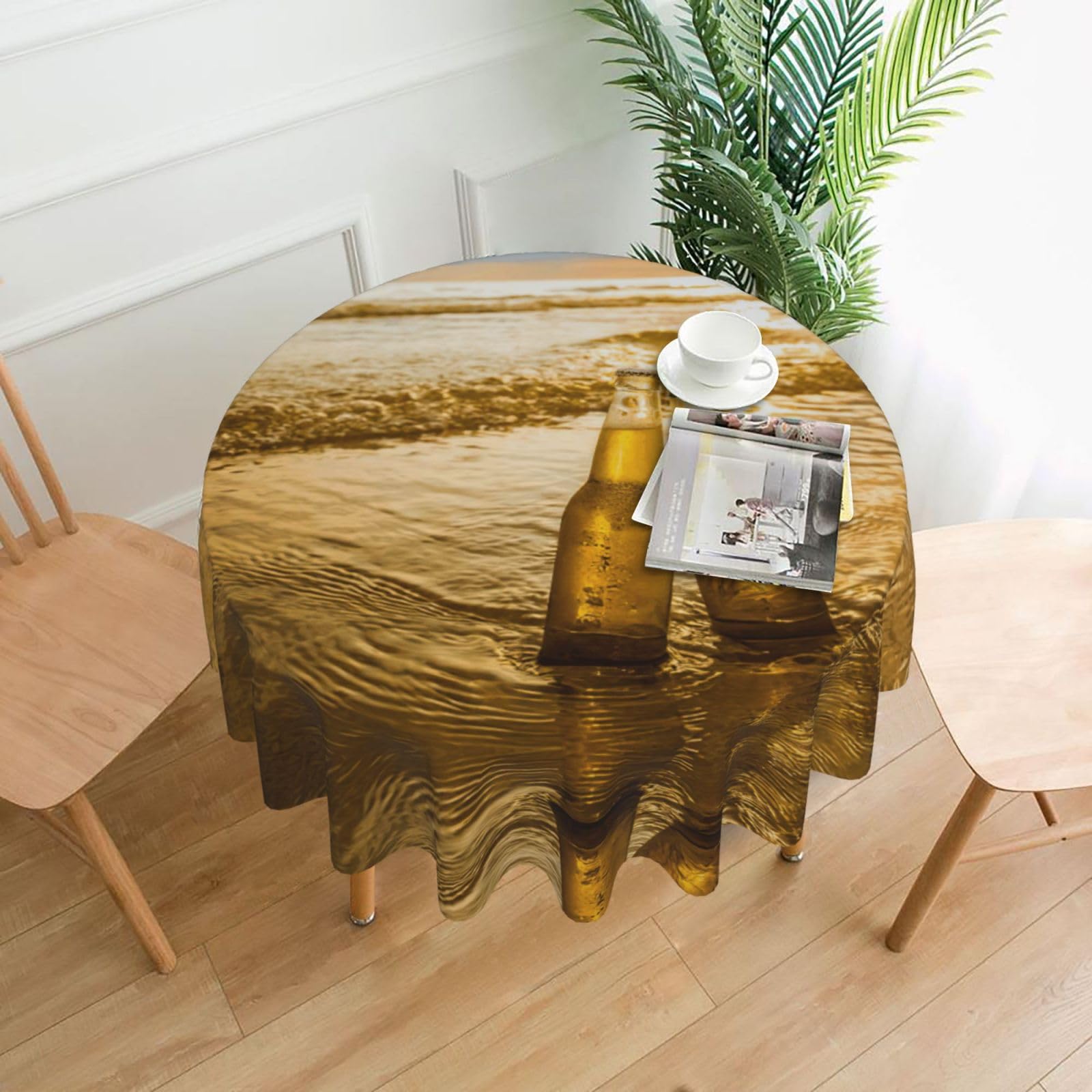Zcmkjlg Bottles Beer Beach Sunset Time Print Quick Ship Round Tablecloth 60in Polyester Washable Cover for Dining Room