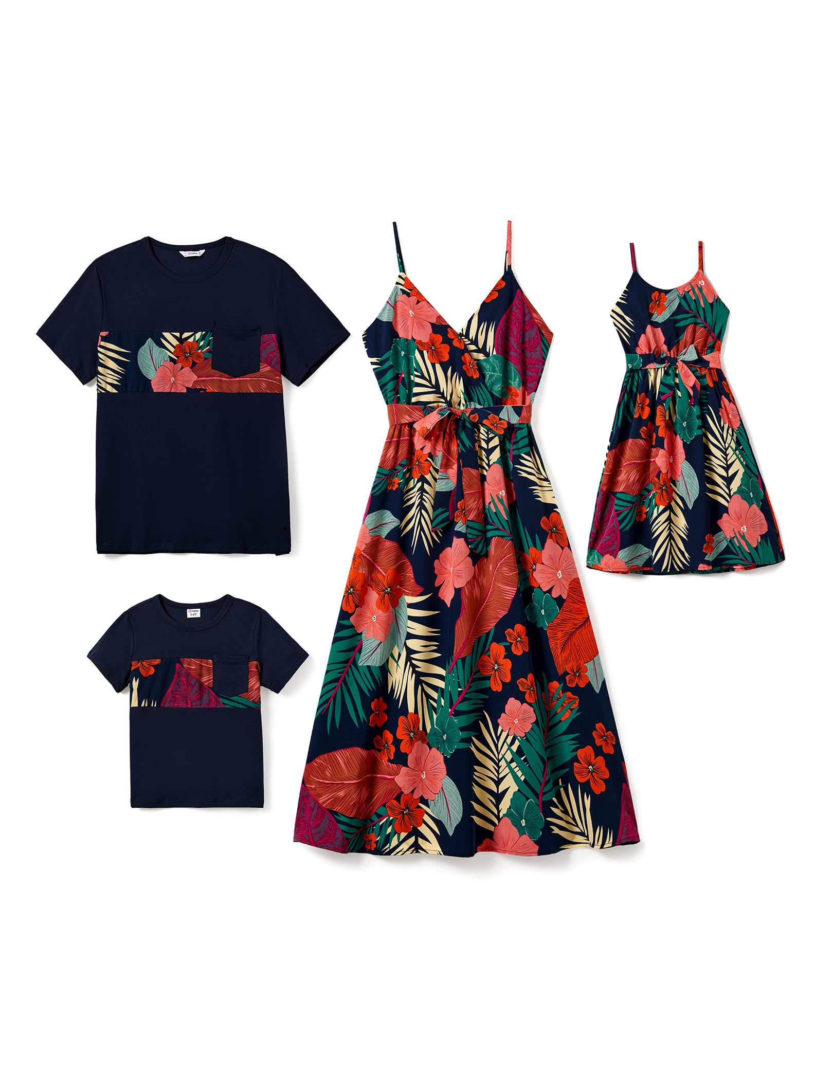 PATPAT Family Matching Outfits Mommy and Me Dresses Hawaiian Tropical Vacation Beach Spaghetti Strap Dress and Shirt