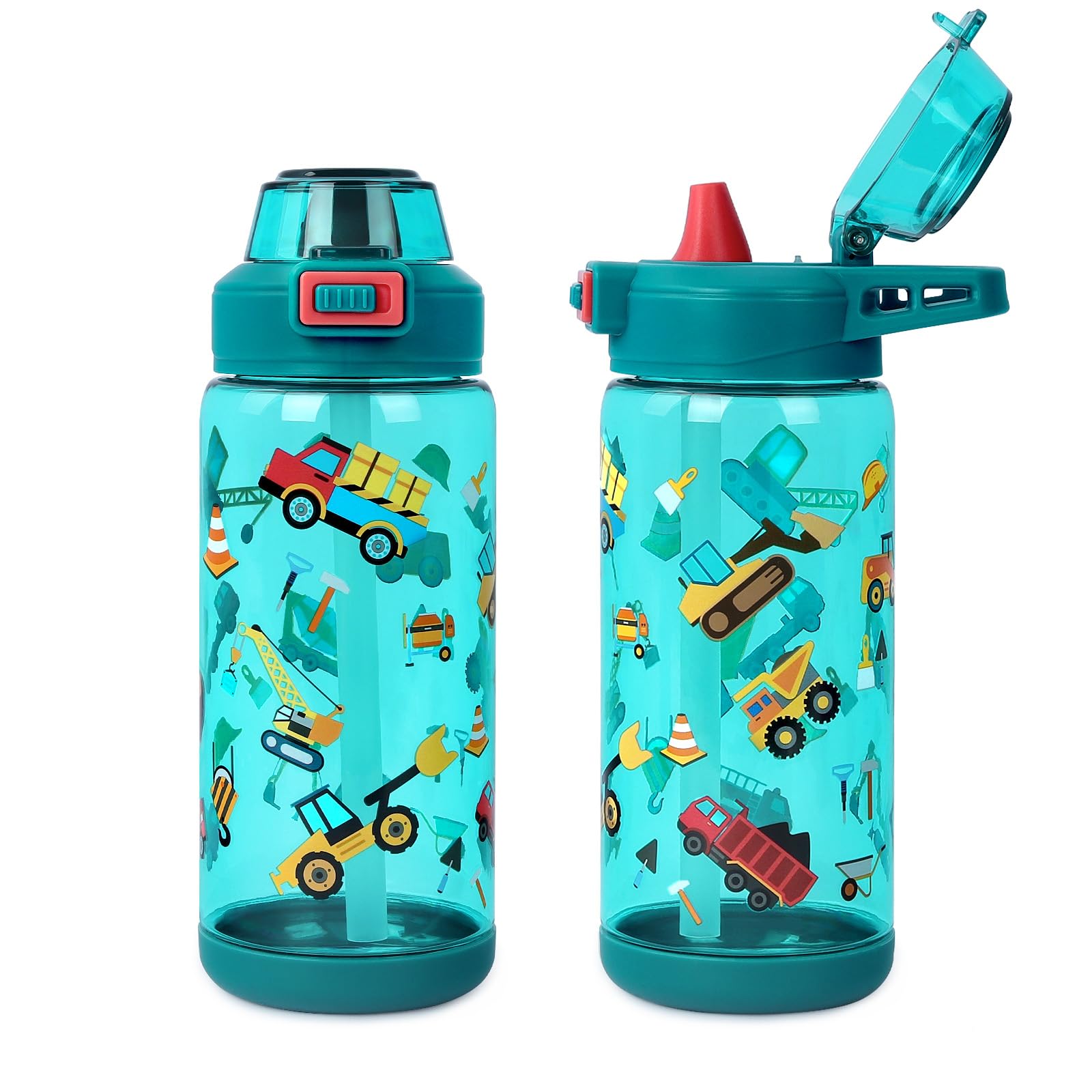 alldomess 600ml Kids Water Bottle For School or Travel, Leak-Proof & Dishwasher Water Cup for Girl Boy, Durable Plastic Sport Bottle With Straw and Handle, Truck