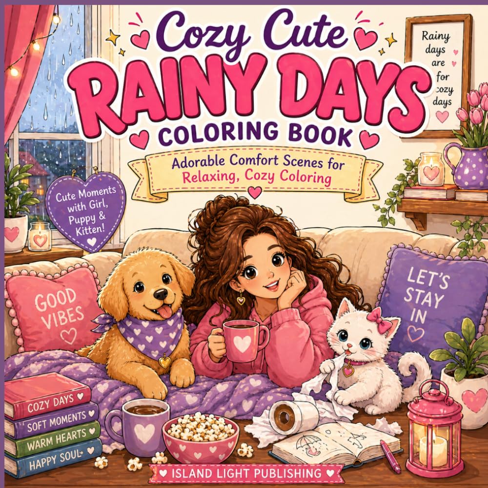 Cozy Cute Rainy Days Coloring Book: Adorable Cozy Scenes with Girl, Puppy and Kitten for Relaxation and Stress Relief