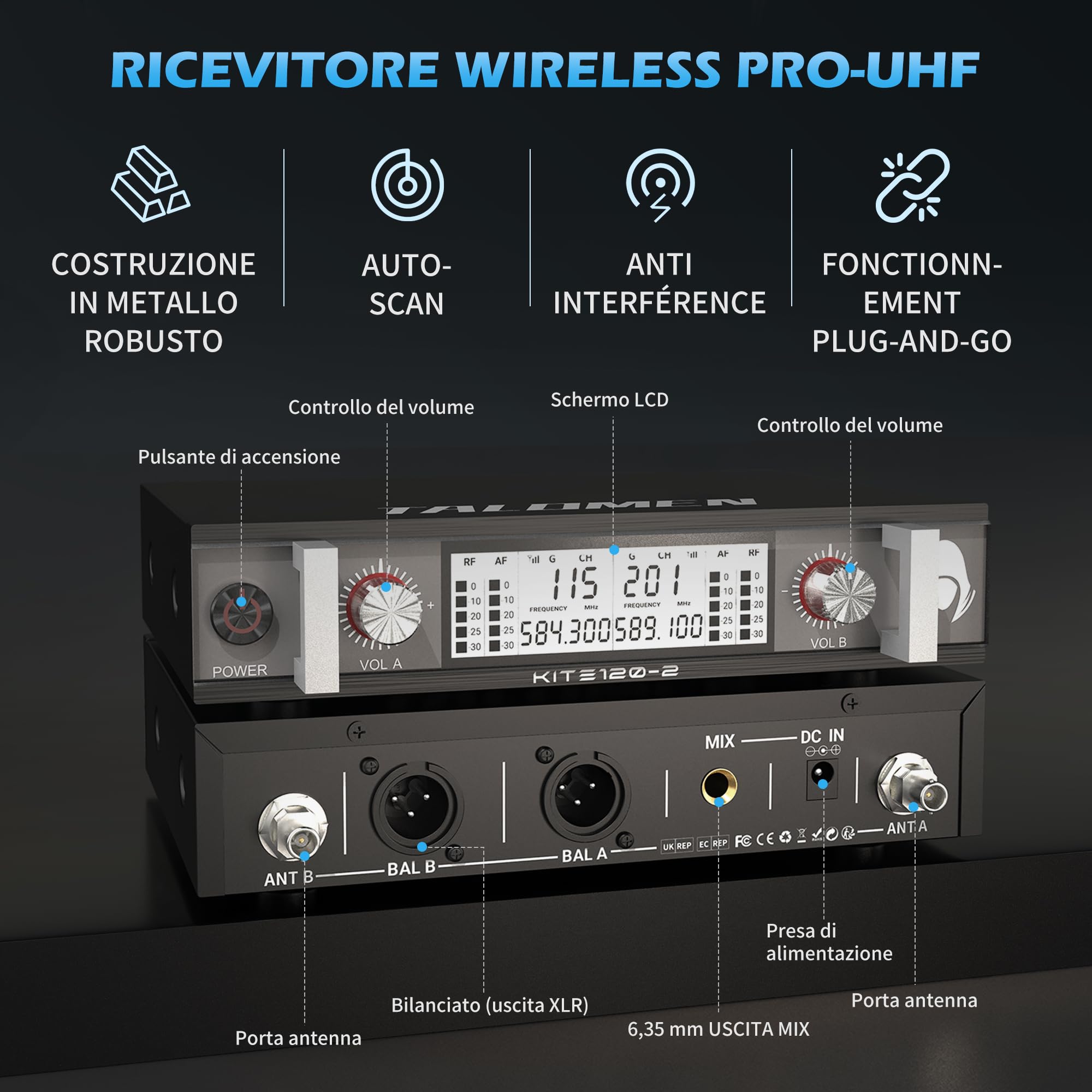 talomen Set Microfoni Wireless UHF, 2 Microfoni Dinamici a Mano in Metallo, Auto Scan, Portata 120 m, Ricevitore a Doppio Canale, Ideale per Canto, Karaoke, Feste, DJ, Chiesa – K120 Nero