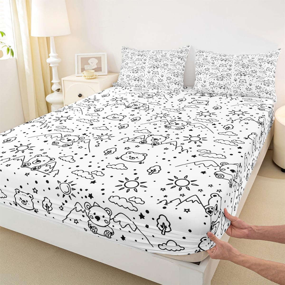 Loussiesd Drap Housse 180x200cm Mignon Ours Mignon Animaux Imprimered Drap-Housse Dessin animé Modèle pour Matelas Épais jusqu'à 30 cm Polyester Microfibre