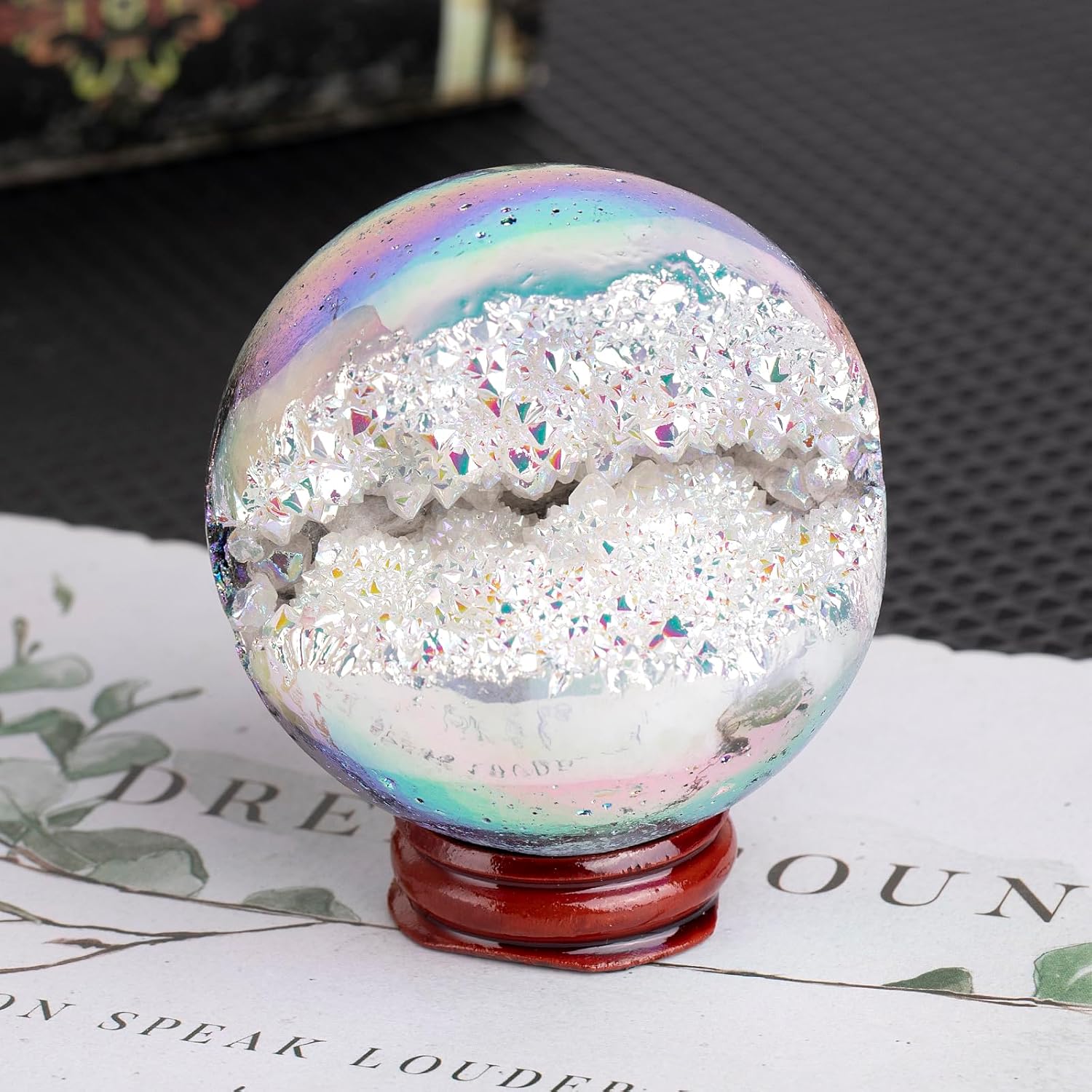 mookaitedecor Angel Aura Quartz Geode Sphere 61-70 mm, Natural Rock Crystal White Titanium Coated Crystal Ball with Stand for Divination Witchcraft Home Decor