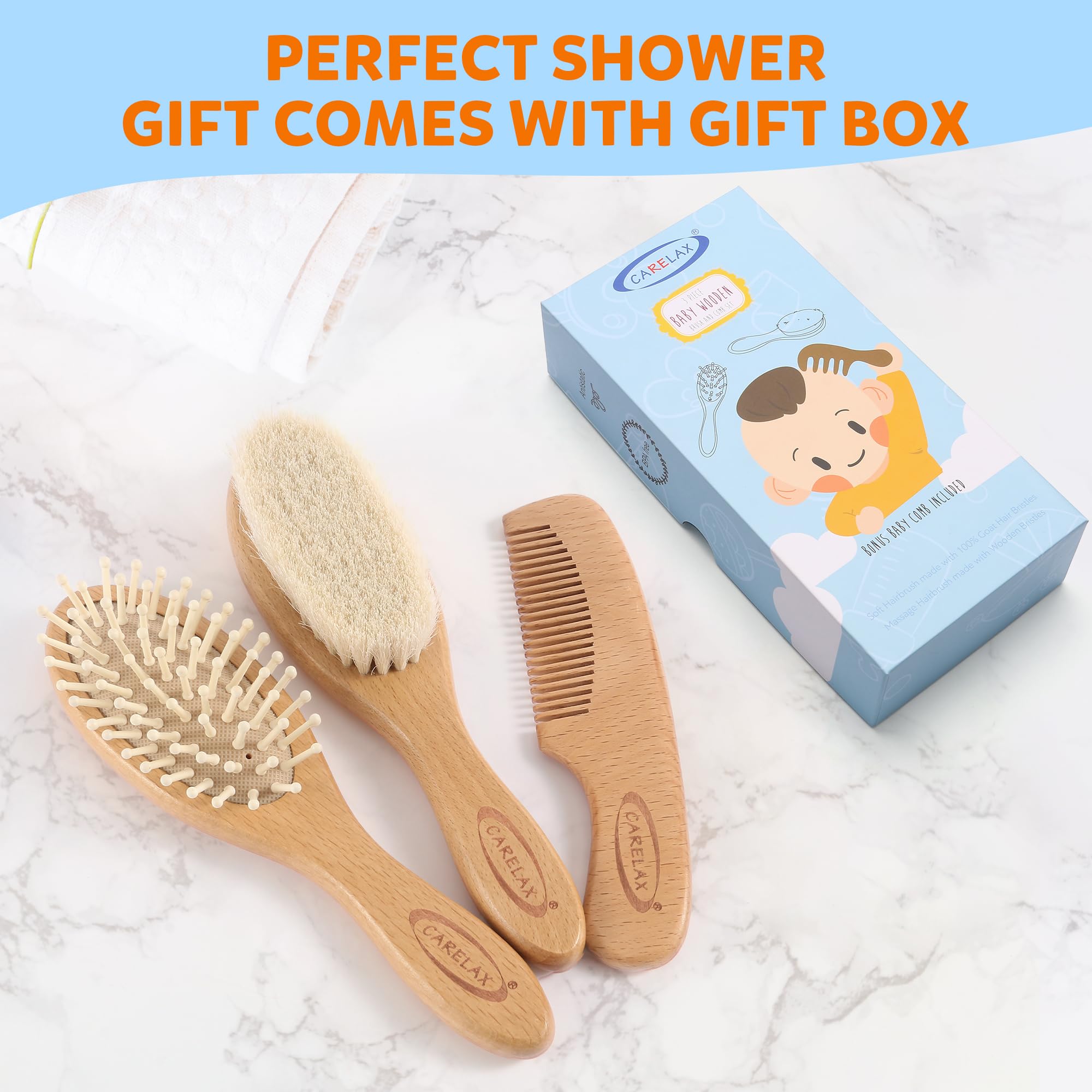 Baby Haarbürste & Kamm Set, Bio Holz Haarbürste Natürliche Ziegenborsten 3-teilig für Neugeborene & Kleinkinder, Ideal für Wiegenmütze & Juckreiz, Perfektes Dusch- und Registrierungsgeschenk für
