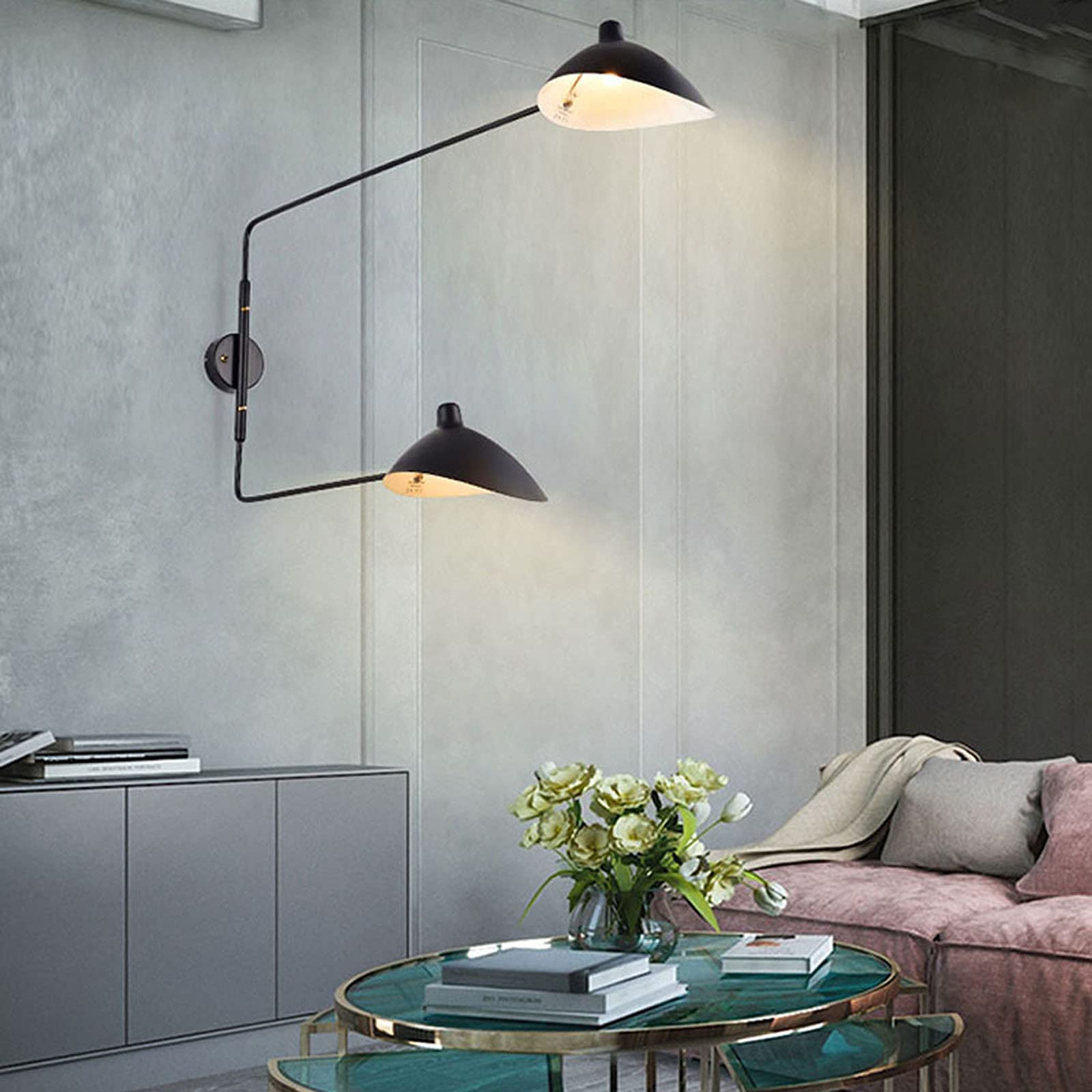 Creativo Molte Direzioni Lampada da Parete/muro Orientabile Industriale Braccio Lungo Orientabile 2 Fiamme Applique da Parete E27 Metallo Nero Comodino Lampada da Lettura con Interruttore
