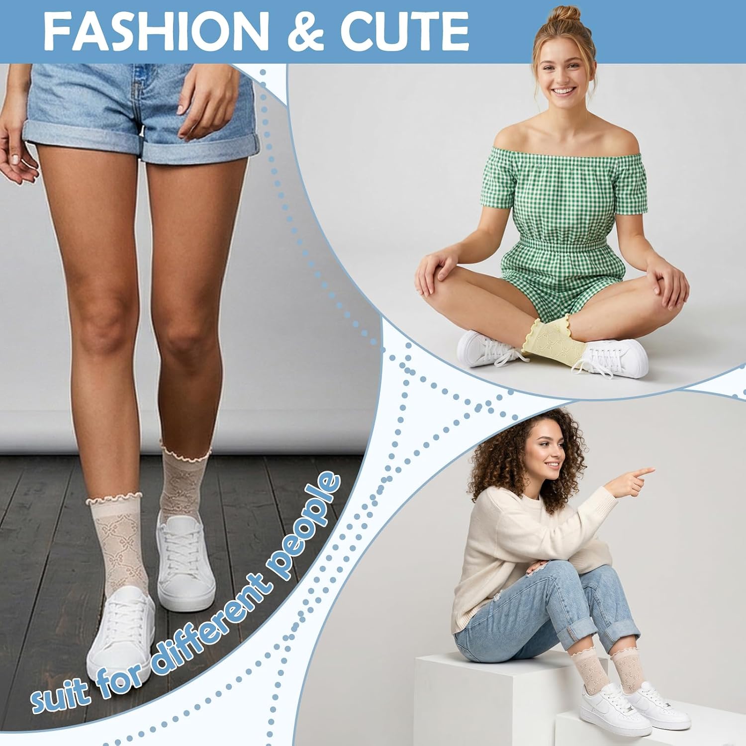 Women's Sheer Ruffle Socks, 8 Pairs Summer Lace Mesh Socks Cute Frilly Sock with Bow Butterfly Polka Dots