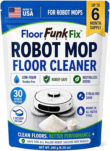 Floor Funk Fix Robot Vacuum Mop Floor Cleaner – Low foam – Concentrated Streak-Free Multi-Surface Cleaner for Sealed Hardwood, LVP, Tile, Laminate – Safe for Eufy, Roborock, Dreame