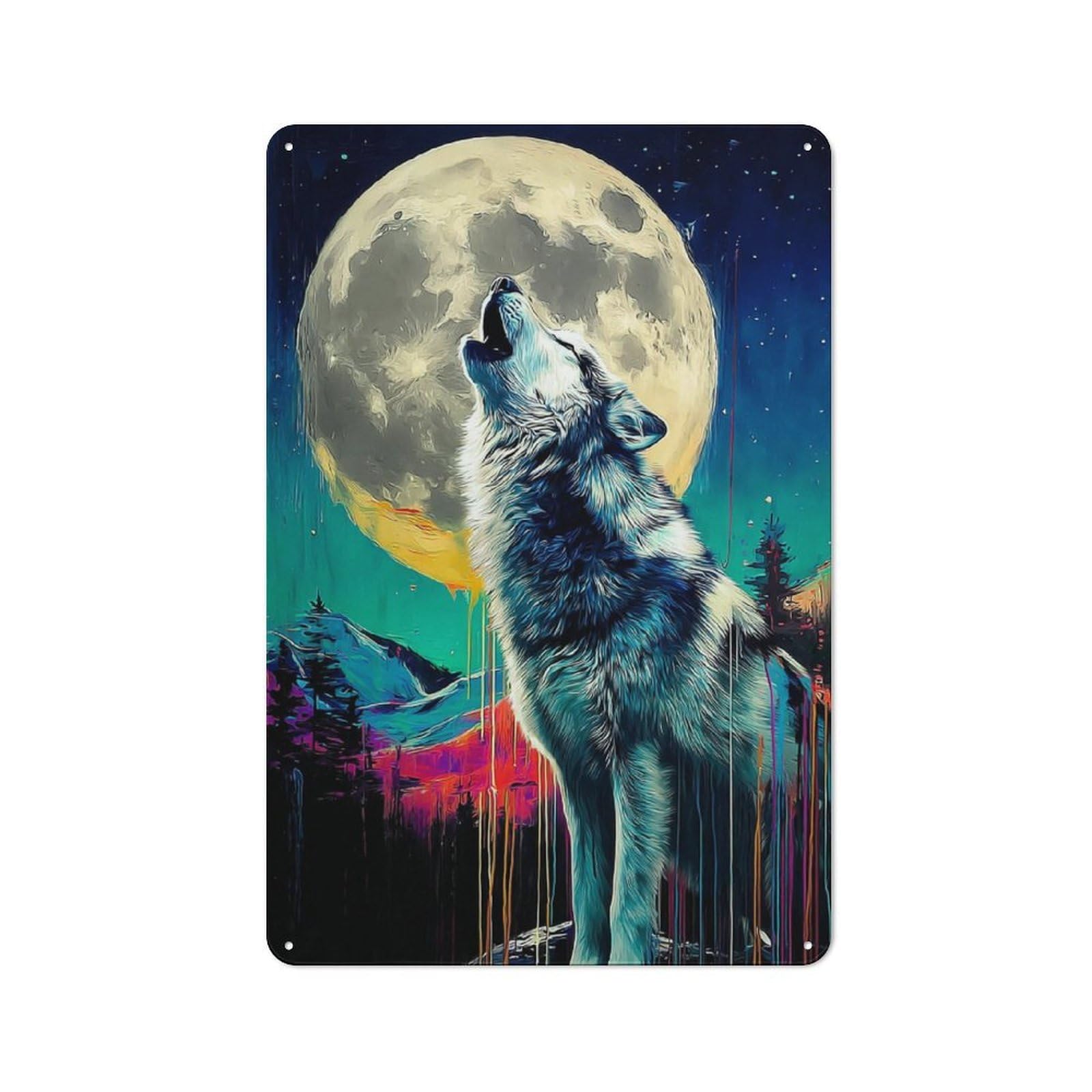 Junmoney Howling Wolf Under Full Moon -2 Decorative Tin Plaque With Design 30X20cm, Classic Novelty Wall Art For Flat, Dorm Room, Lounge Or Cafe