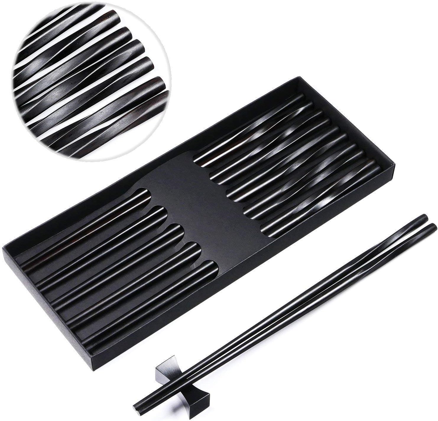 5 Pairs Natural Ebony wood African Blackwood Spiral Chopsticks Reusable for Women - 10 Inch Handmade Classic Feminine Style - Non-slip Round Handles - Polished High-Gloss Finish - Box Set Gift