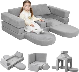 MeMoreCool Kids Modular Play Couch – 10-Piece Foam Climbing Sofa Set for Ages 2–6 | Creative Fort Building, Reading & Nap Time | Washable Plush Covers, Light Grey