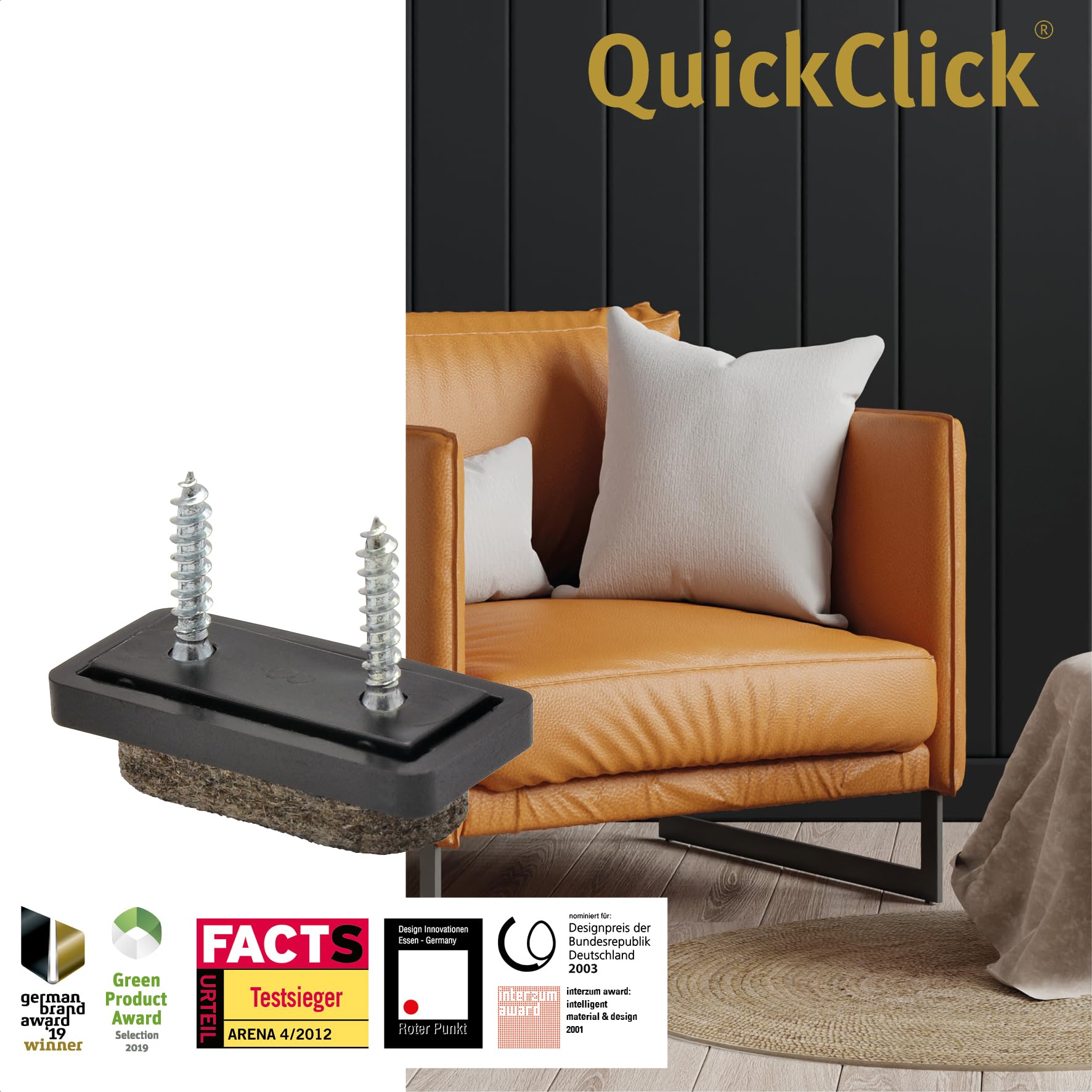 Wagner QuickClick® Filzgleiter Stuhlgleiter 16tlg Set zum Anschrauben - 4X Basis + 8X Schraube + 4X Gleitaufsatz austauschbar - Wollfilz Ultrasoft - Einsatz 32 x 15 mm - Made in DE - 15782800