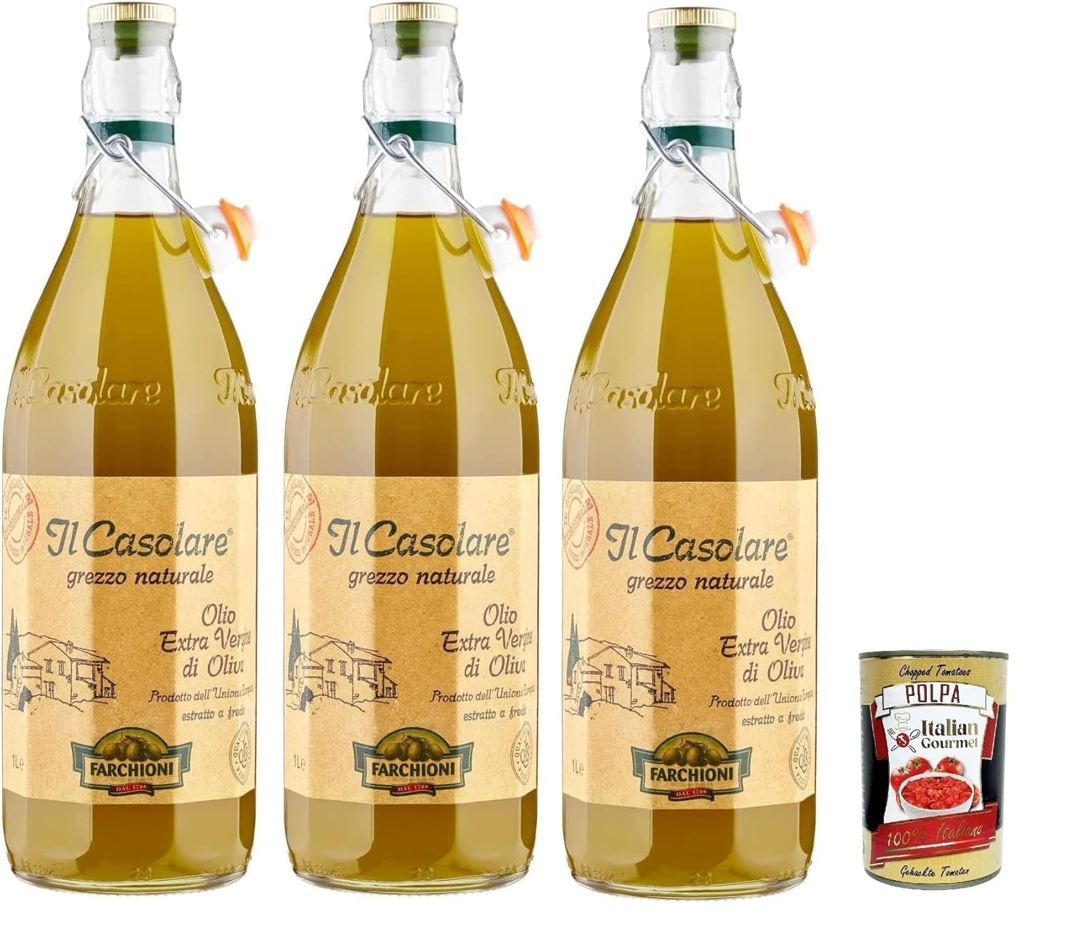 Italian Gourmet Bundle Olivenöl Extra Vergine Grezzo Naturale 3x 1L + Italian Gourmet Polpa Gratis – Italienisches natives Olivenöl extra, kalt extrahiert laut Verpackung, rustikale Glasflasche 3L