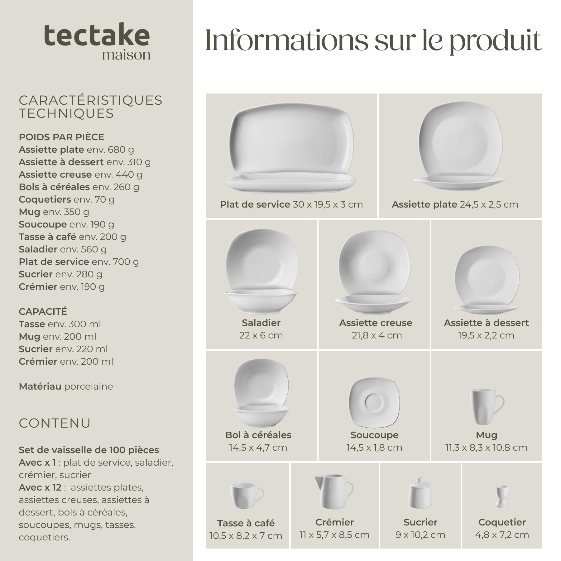 tectake® Service de table 12 personnes Vaisselle et arts de la table 100p. avec Assiettes creuses assiettes plates assiette à dessert coquetiers bols tasses saladier Coupelle soupe Lot assiette
