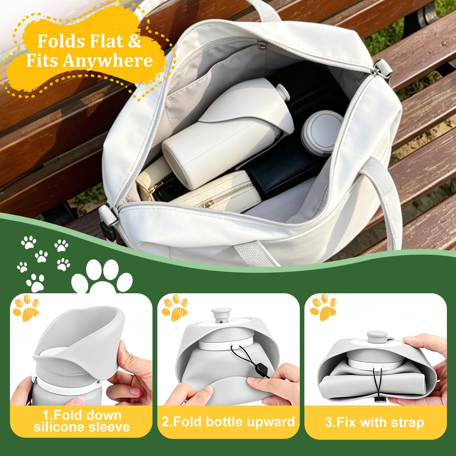 Borraccia pieghevole per cani, a prova di perdite, portatile, con ciotola integrata per cani, in silicone, leggera e pieghevole, per viaggi, passeggiate, campeggio (grigio)