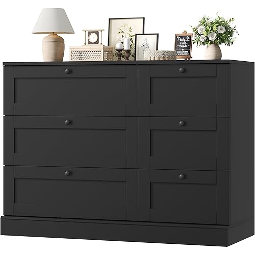 HOSTACK 6 Drawer Dresser, Dresser for Bedroom, Wood Wide Chest of Drawers, Modern Drawer Chest for Living Room, Entryway, Hallway, Black