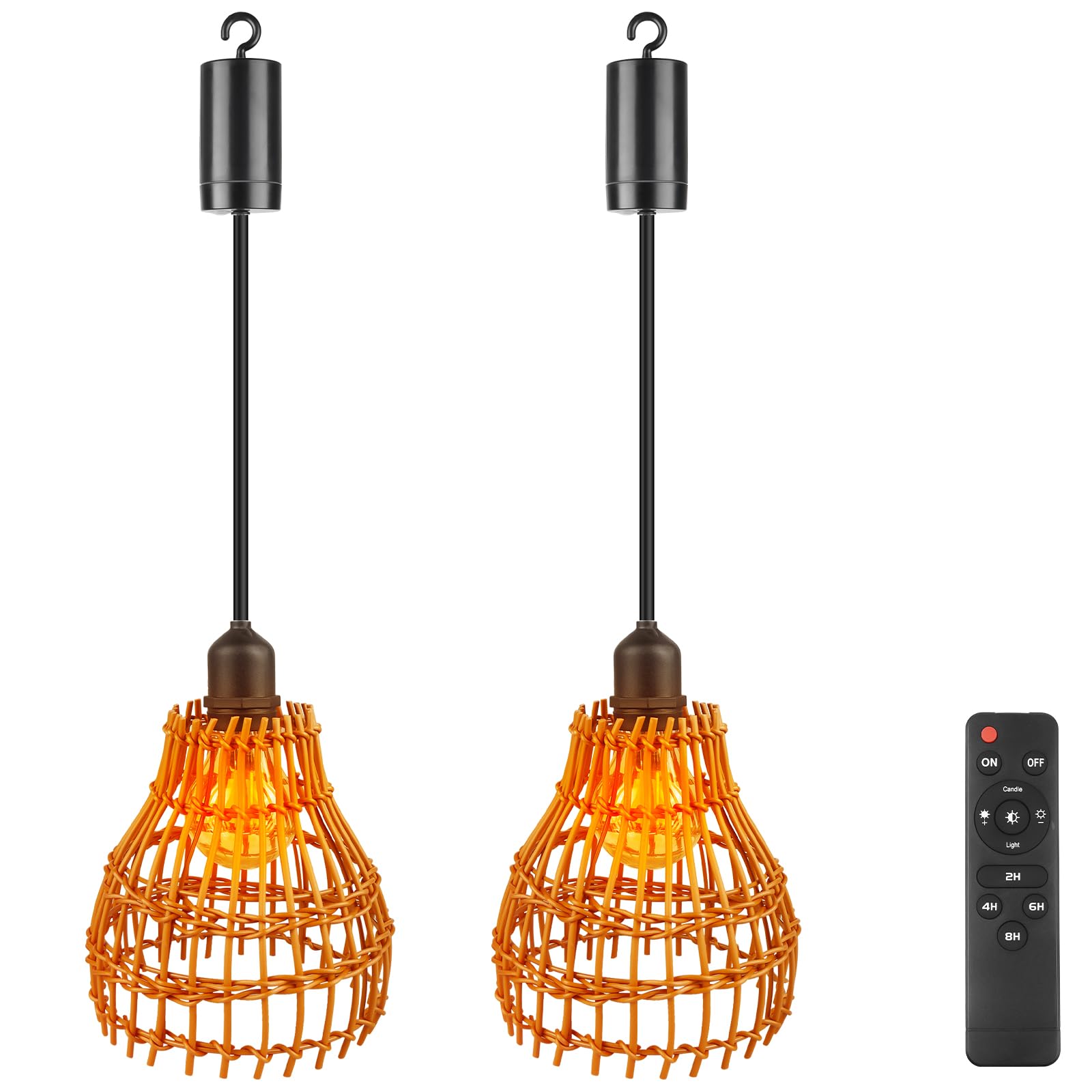 Lampada a sospensione in rattan: 2 pezzi a batteria, lampada a sospensione boho con telecomando, per esterni, per giardino, esterni, per terrazze e gazebo