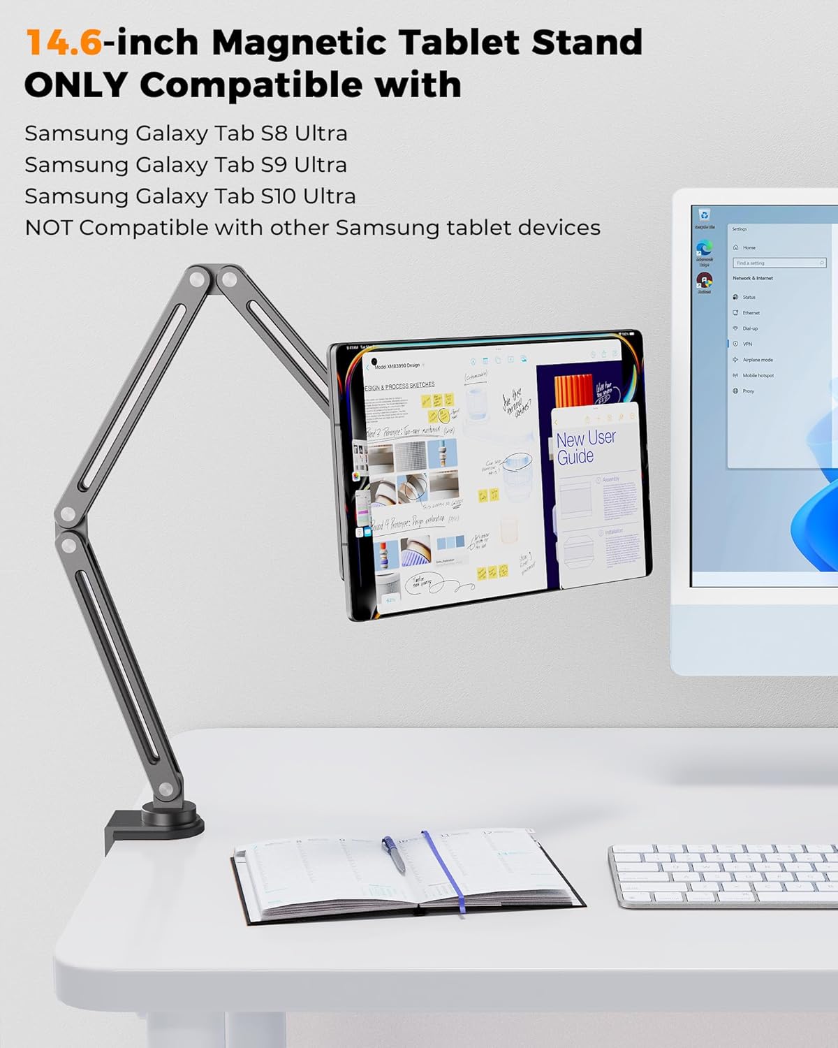 KU XIU Magnetic Stand for Samsung Galaxy Tab 14.6 inch, Foldable Adjustable Arm Mount for Desk, Aluminum Alloy Tablet Holder for Galaxy Tab S10 Ultra/S9 Ultra/S8Ultra
