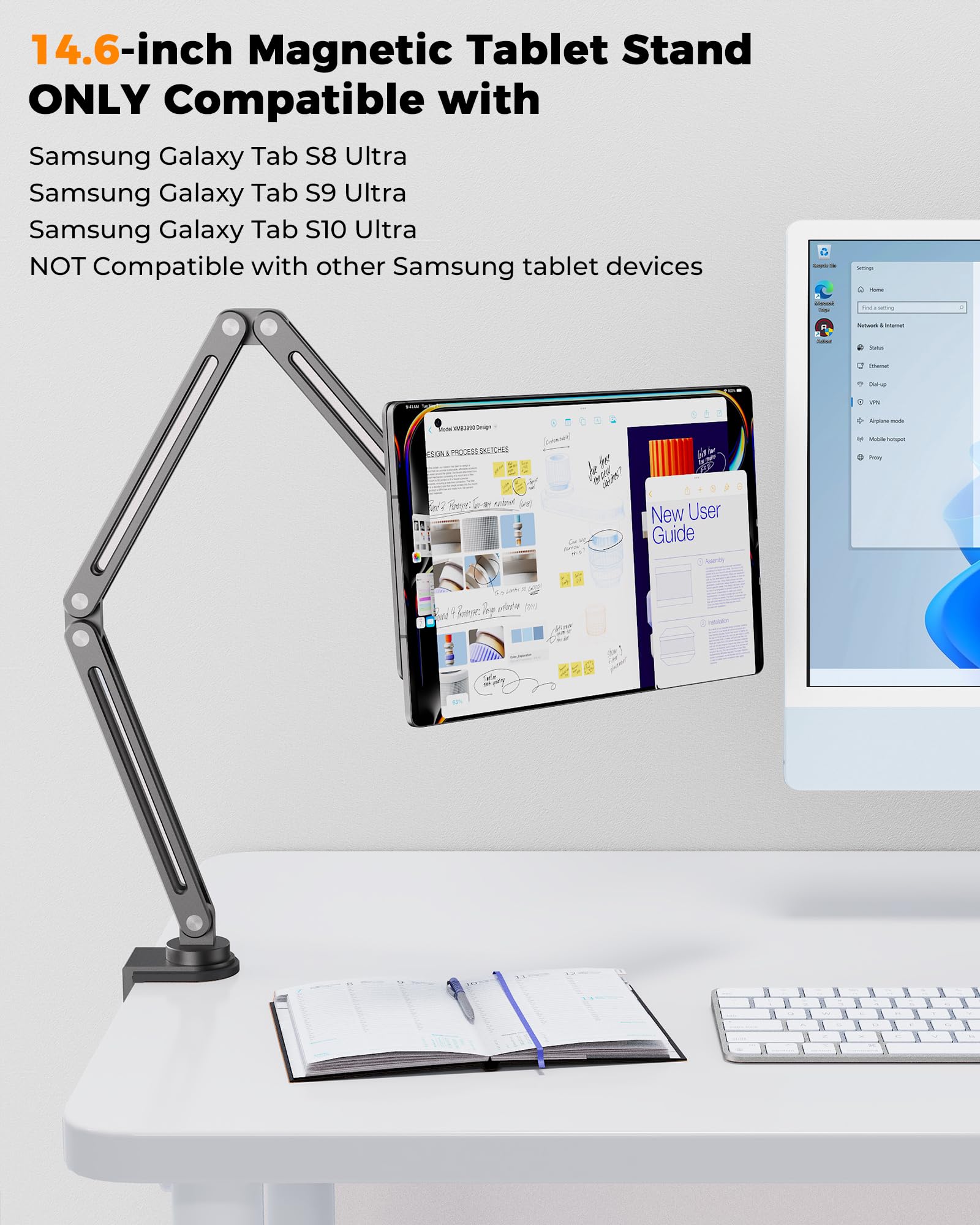 KU XIU Supporto magnetico per Samsung Galaxy Tab 14.6 pollici, braccio regolabile pieghevole per scrivania, supporto per tablet in lega di alluminio per Galaxy Tab S10 Ultra/S9 Ultra/S8Ultra