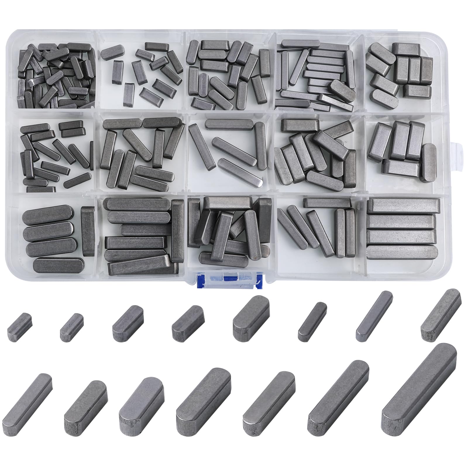 Beenlen 175 Pcs Key Stock Assortment, 15 Sizes Round Ended Feather Key Parallel Drive Shaft Keys Set - 8mm 10mm 12mm 16mm 20mm 25mm 30mm