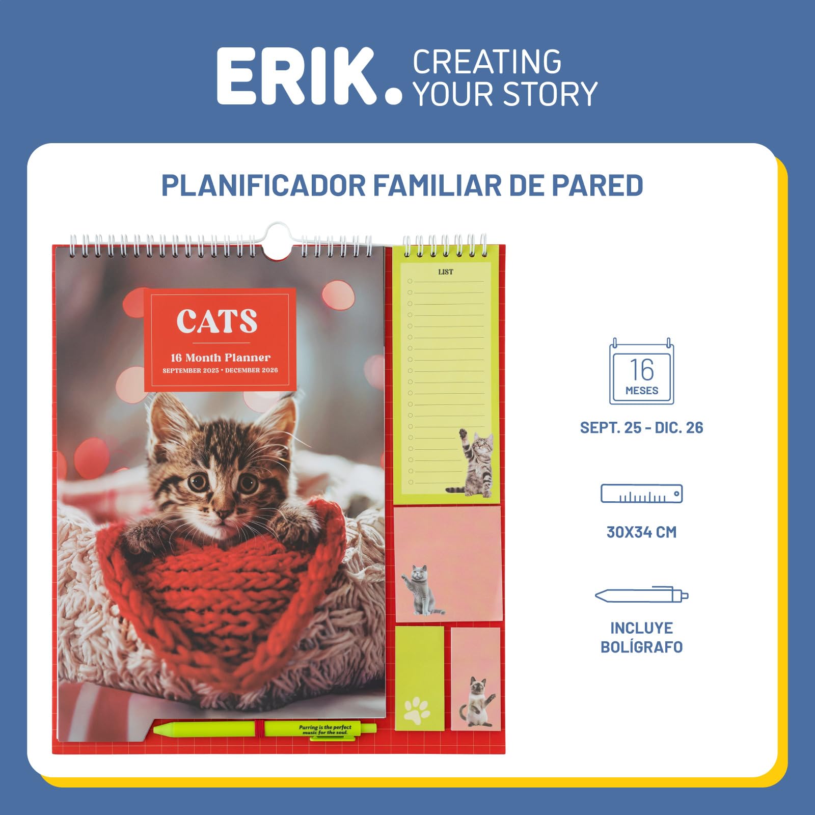 Calendario Familiar 2026 Gatos - Calendario 2026 pared : Planificador mensual | Incluye Pegatinas, Notas Adhesivas y Cuelga Fácil [16 MESES]