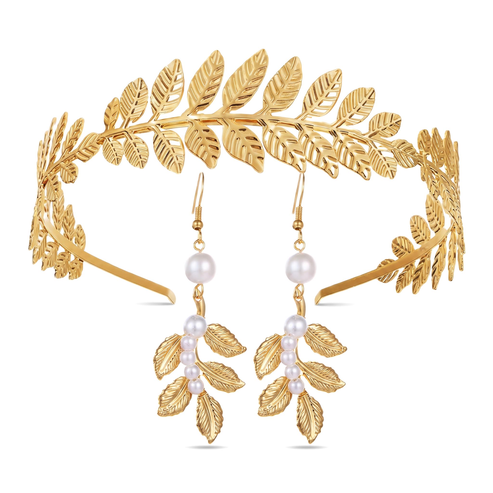 Maslasee Roman & Greek Toga Accessory Set – Gold Laurel Headband & Earrings, Vintage Ancient Greece Style Costume Jewelry for Adults & Themed Parties