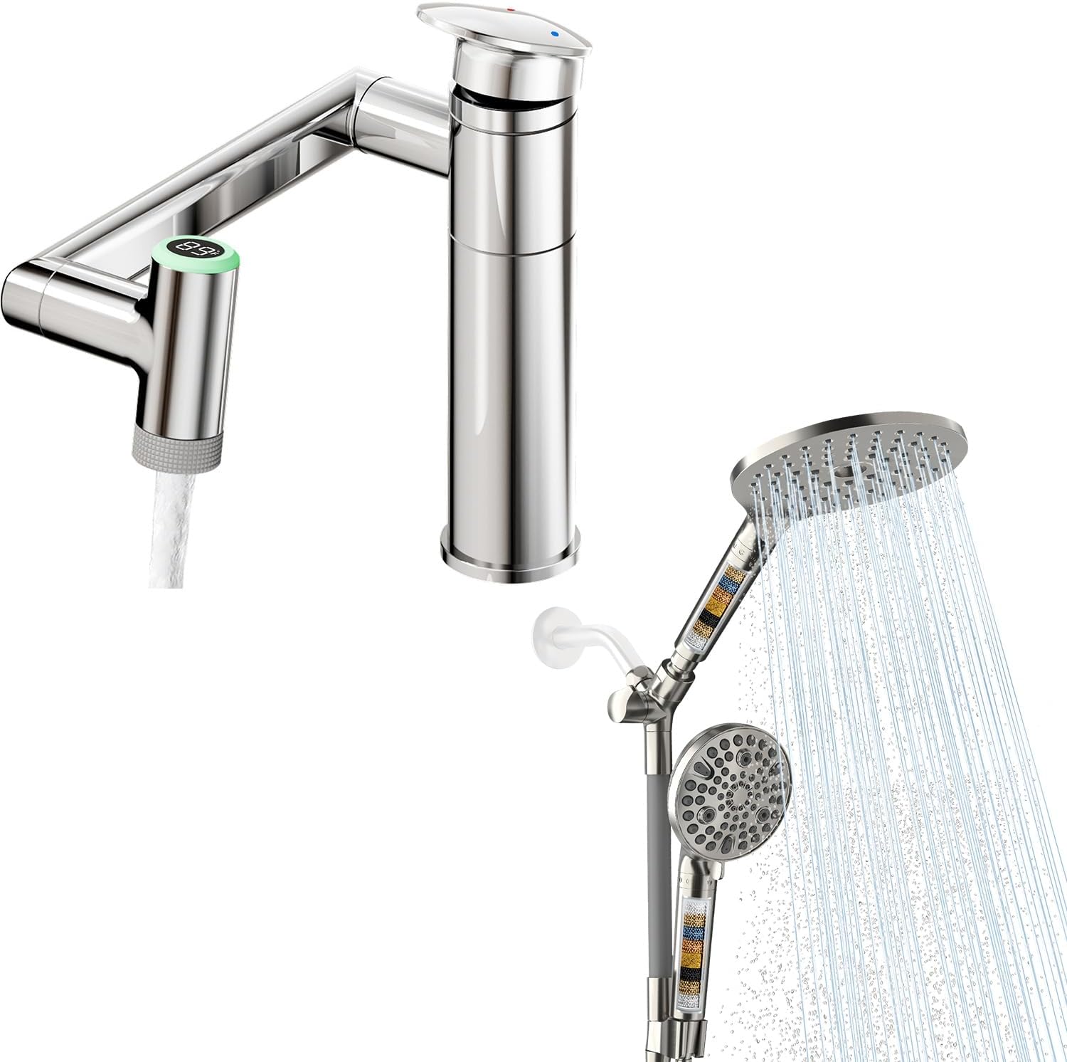 HOWUWEY Chrome Rotatable Single Hole Bathroom Vanity Faucet with Temperature Display & HOWUWEY Brushed Nickel Filtered Dual Shower Head with Handheld Spray Combo for Hard Water