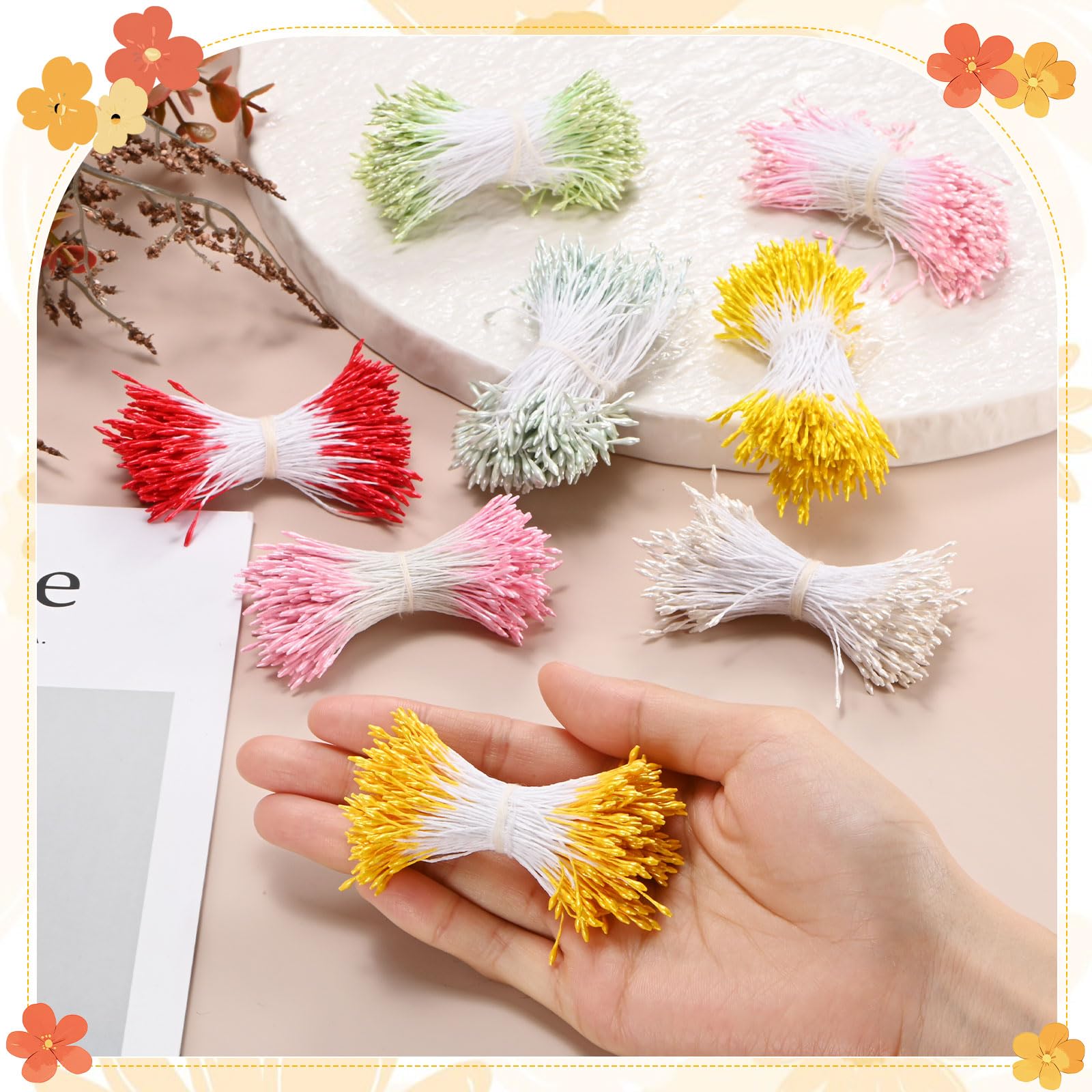 M METERXITY 1440 Stück Blumen-Staubblätter zum Basteln, 2 mm, Doppelköpfe, künstliche Blütenstempel, Mini-Blumenstempel, Staubblätter für Heimwerker/Hochzeit/Scrapbook-Dekoration [Weiß]