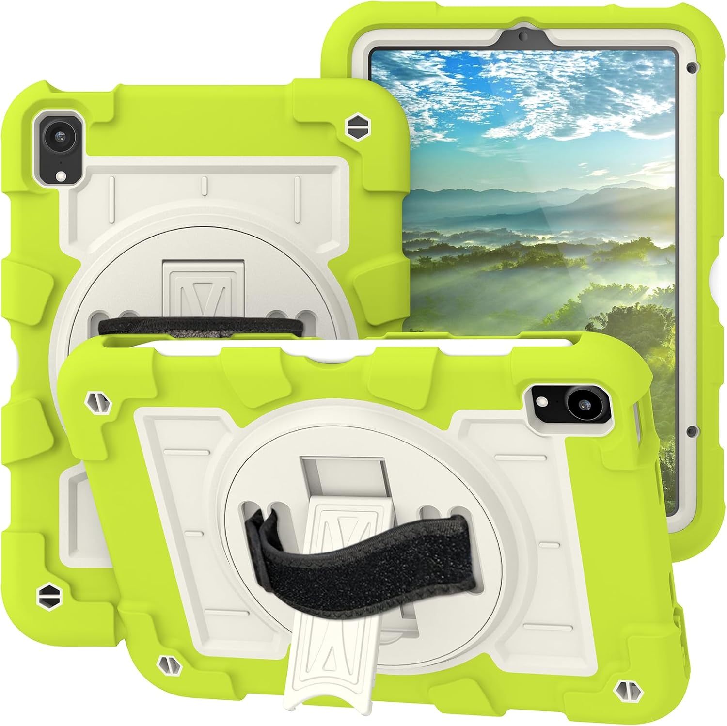 for iPad Mini 7 A17 Pro Case 2024 iPad Mini 6th Generation Case 2021 8.3 Inch Shockproof iPad Mini 7/6 with Protector Rotating Hand Strap + Stand (Love Birds Green)