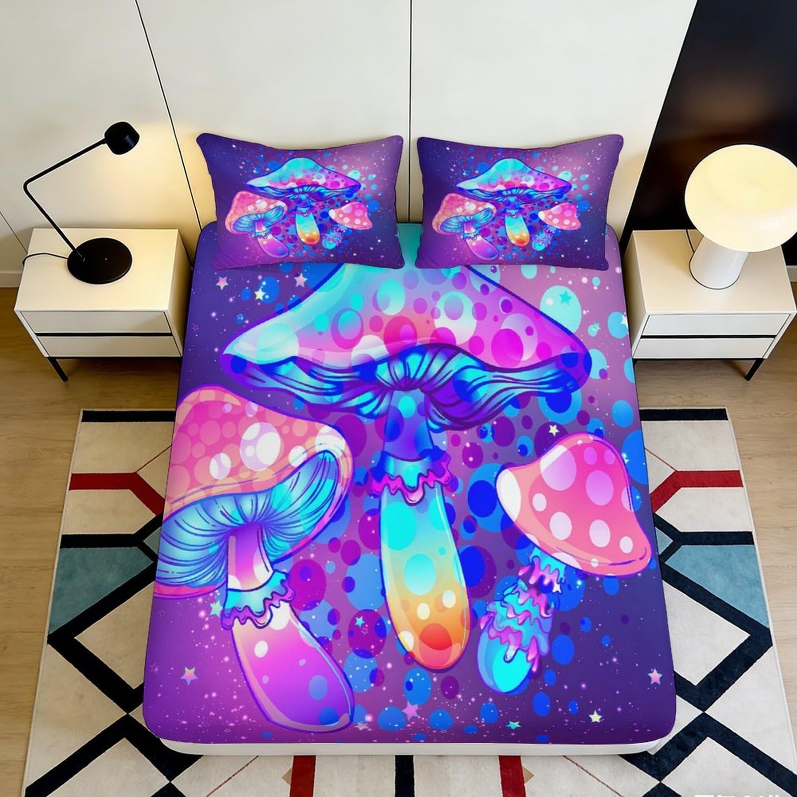 Pnayamiorkfel Style-3 3D Printed Psychedelic Mushroom Fitted Sheet Microfiber Vibrant Colourful Bed Cover For Bedroom Dorm Mattress Decor 90X200x25cm