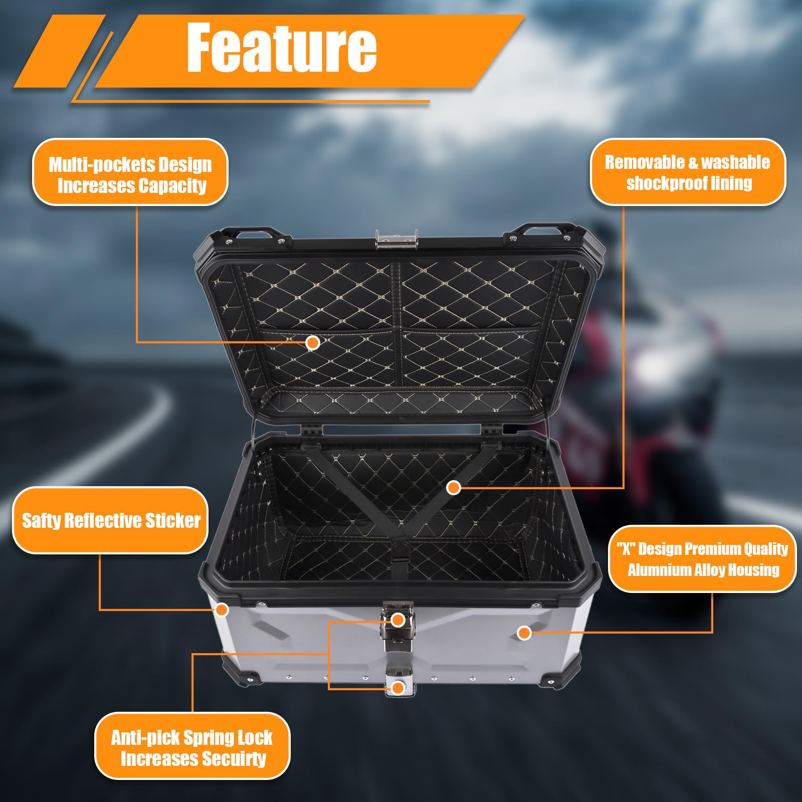 65L Motorrad Topcase, Wasserdicht Motorrad Top Box Topcase Roller Koffer mit Sicherheitsschloss, Motorradkoffer mit InstallierenTrägerplatte (Silber)